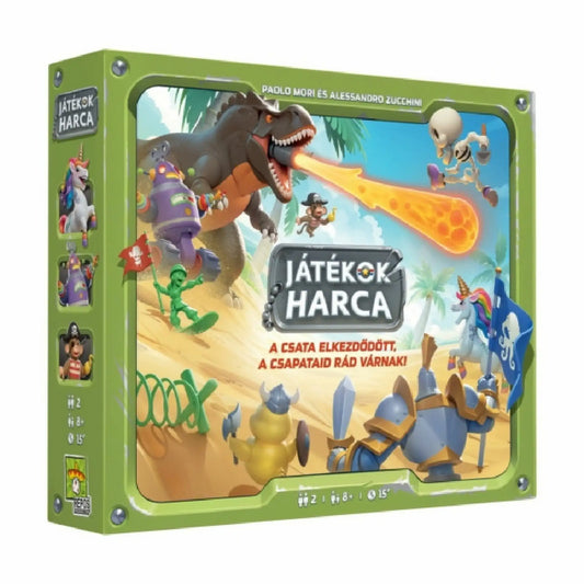 Játékok Harca társasjáték doboza, amelyen egy dinoszaurusz, robot, kalóz, csontváz, unikornis és lovag látható egy humoros csatatéren. A stratégiai társasjáték 2 játékos számára készült.