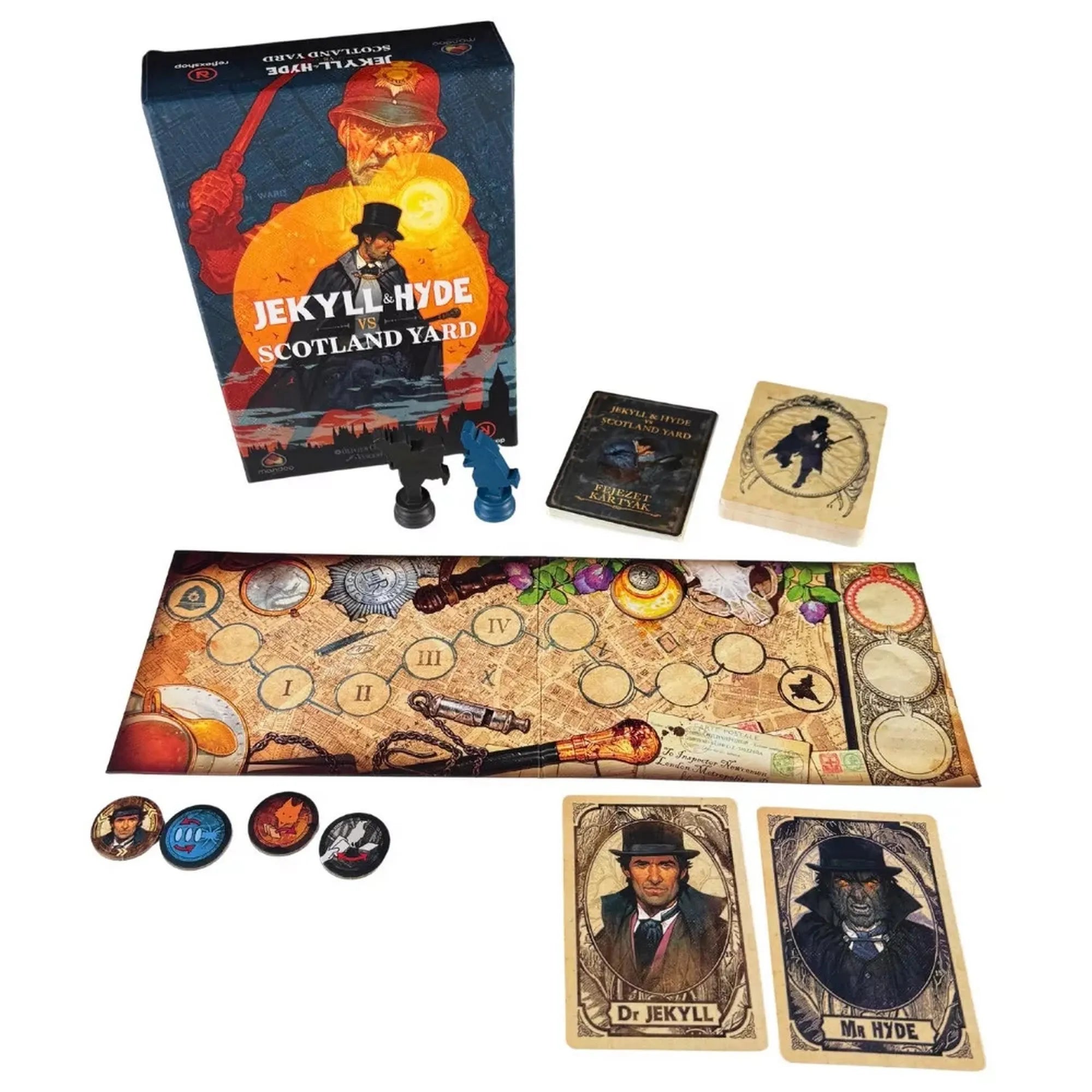 A társasjáték teljes tartalma: játéktábla, kártyapaklik, karakterlapok, jelölők és figurák. A londoni térkép hangulatát idéző tábla a nyomozás és menekülés terepe.