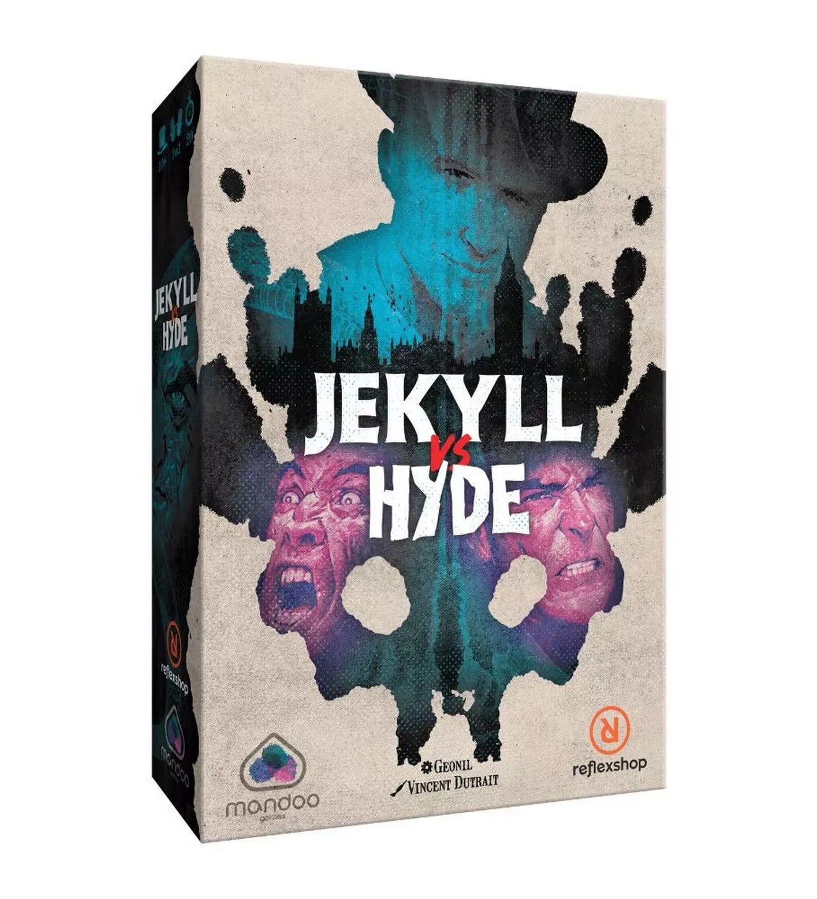 A Jekyll vs Hyde társasjáték doboza, sötét, festményszerű borítóval, amelyen Dr. Jekyll és Mr. Hyde kettős arca látható, a háttérben London városával. A borító kifejezi a játék pszichológiai és misztikus hangulatát.