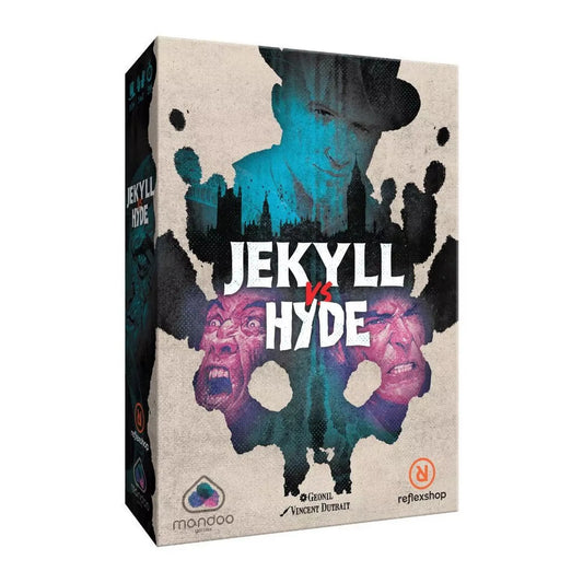 A Jekyll vs Hyde társasjáték doboza, sötét, festményszerű borítóval, amelyen Dr. Jekyll és Mr. Hyde kettős arca látható, a háttérben London városával. A borító kifejezi a játék pszichológiai és misztikus hangulatát.