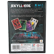 A Jekyll vs Hyde társasjáték hátlapja, illusztrált játékkártyákkal és rövid ismertetővel. A színes kártyák a Büszkeség, Harag és Kapzsiság bűneit jelenítik meg, a leírás pedig a játék lényegét foglalja össze.