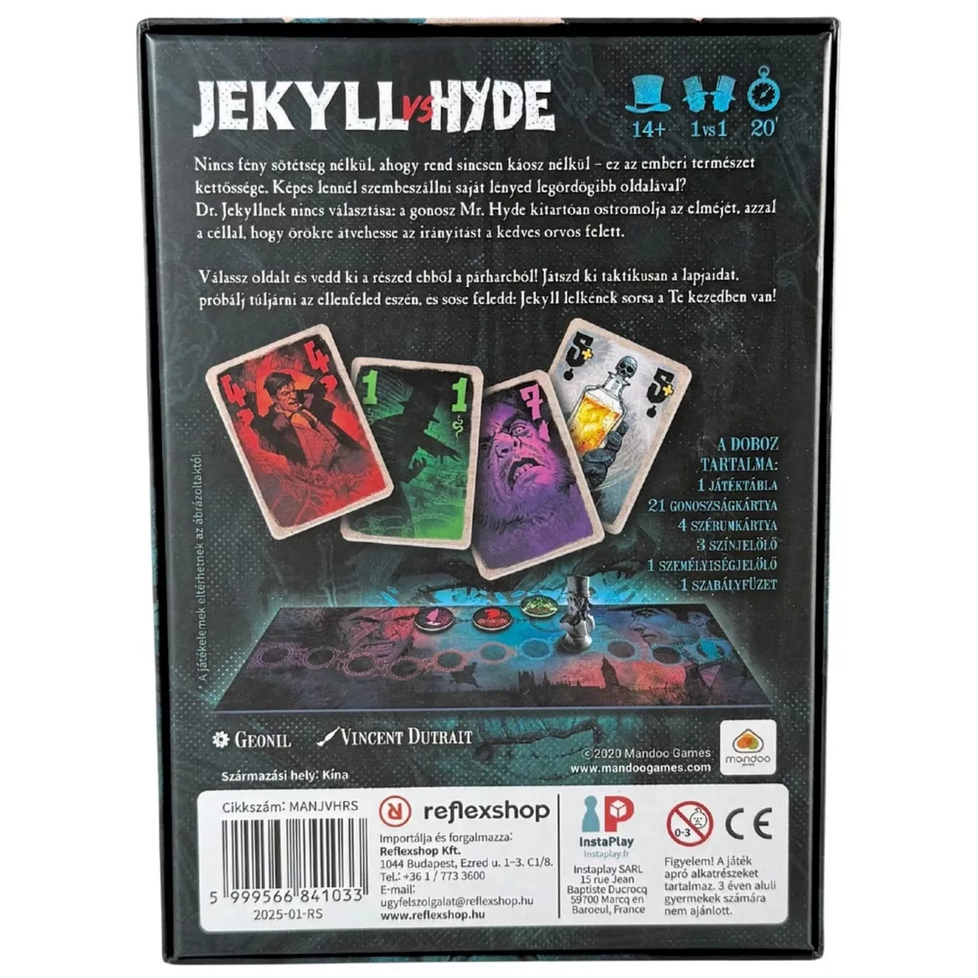 A Jekyll vs Hyde társasjáték hátlapja, illusztrált játékkártyákkal és rövid ismertetővel. A színes kártyák a Büszkeség, Harag és Kapzsiság bűneit jelenítik meg, a leírás pedig a játék lényegét foglalja össze.