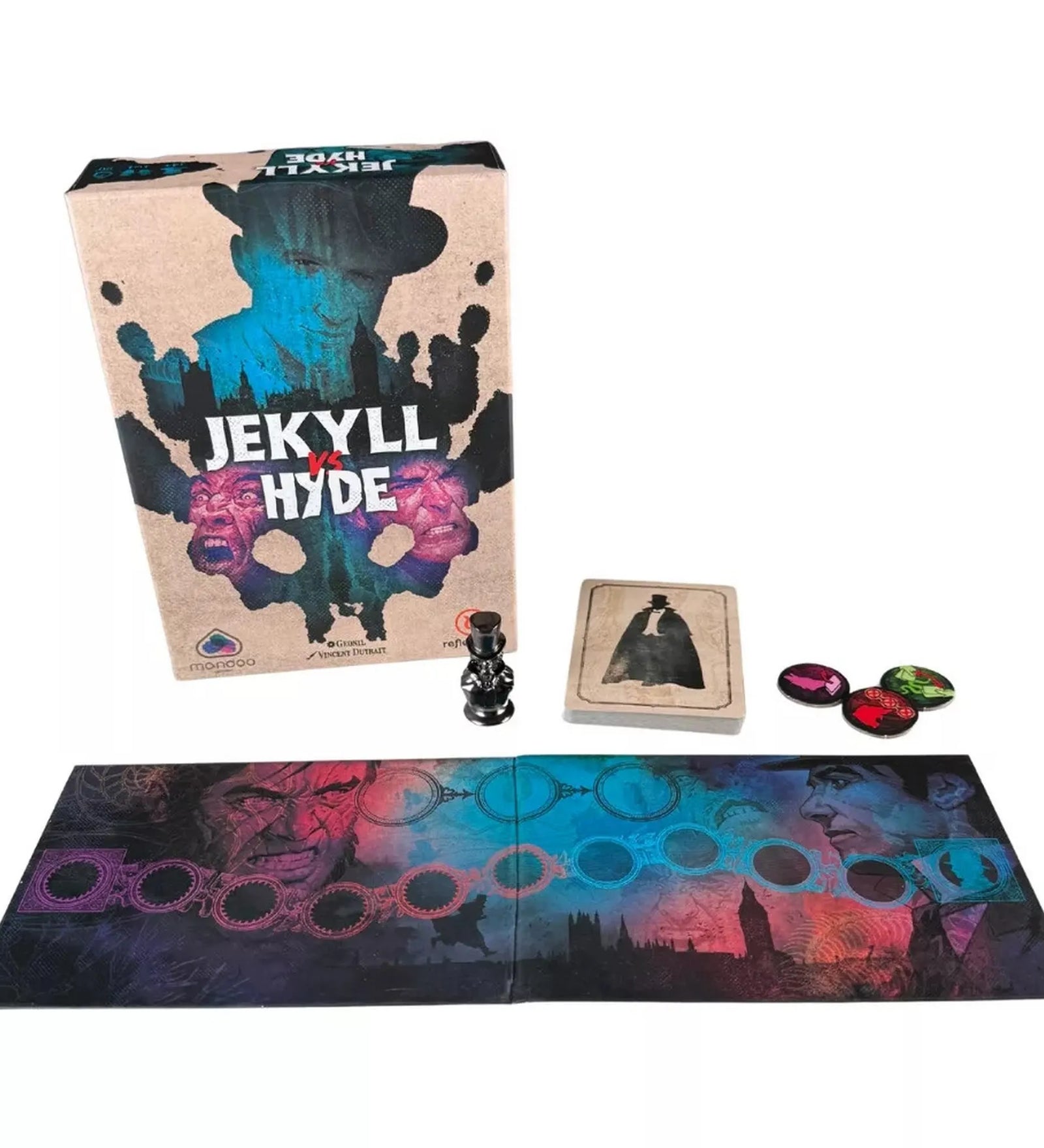 A játék tartalma kibontva: játéktábla, kártyapakli, színes jelölők és a különleges Dr. Jekyll–Mr. Hyde szoborfigura. A tábla a két személyiség közötti küzdelem terepét ábrázolja.
