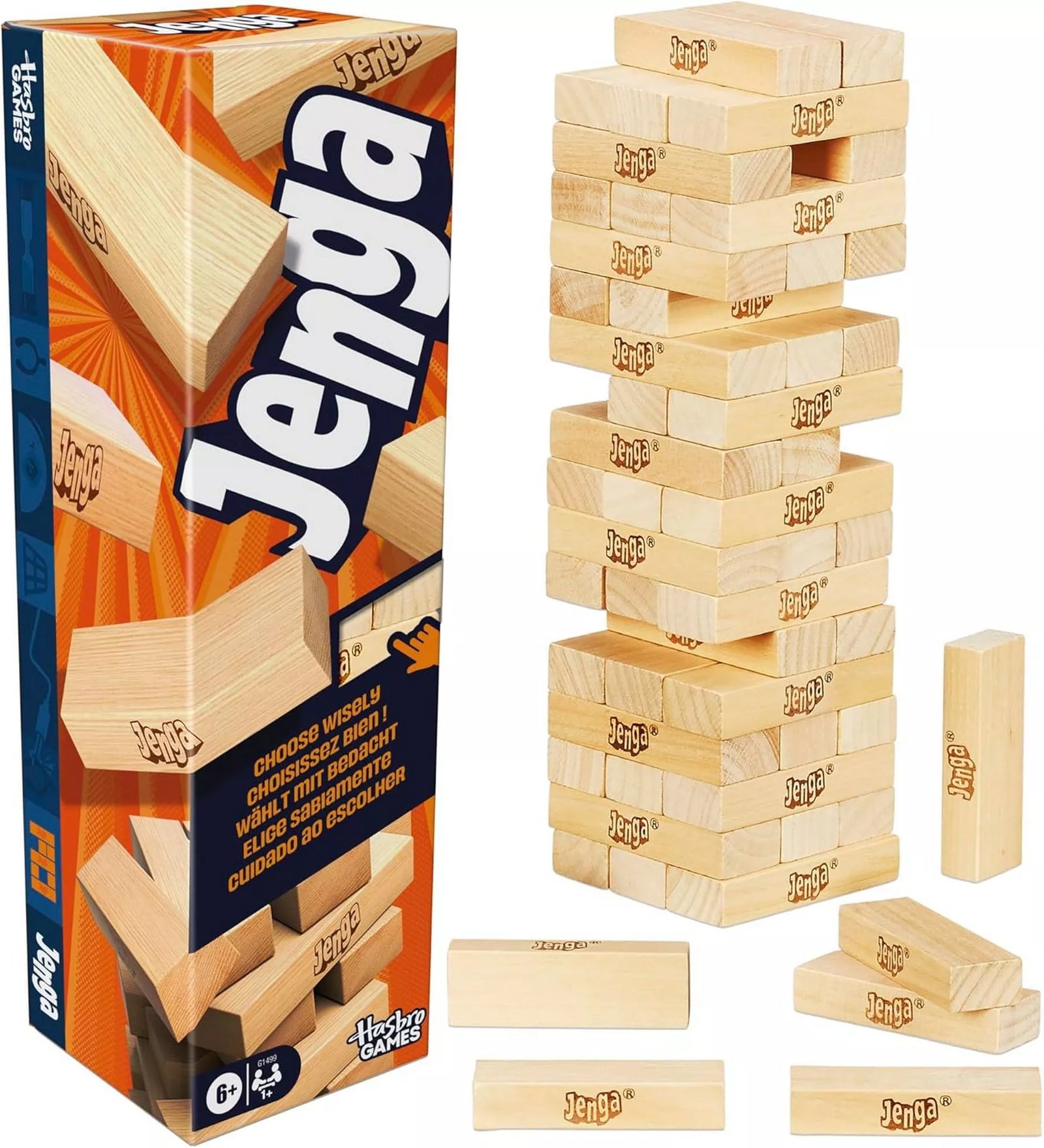 „Jenga társasjáték doboza a játék felépített fa tornyával és szétszórt elemekkel, narancssárga és kék dizájnnal.”