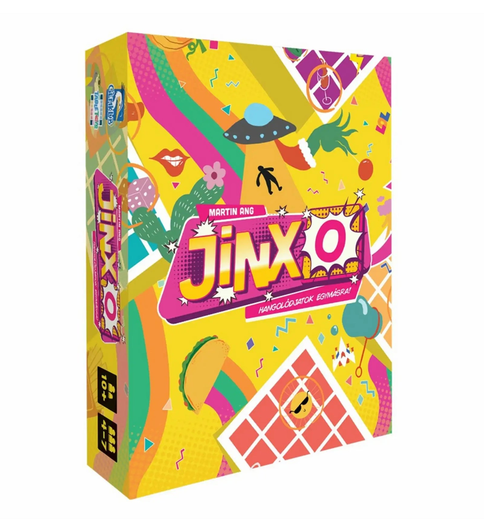 Jinxo társasjáték doboza színes, vidám grafikával és modern mintákkal, party játék csomagolás elölnézetből.