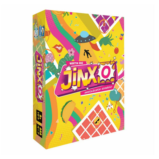 Jinxo társasjáték doboza színes, vidám grafikával és modern mintákkal, party játék csomagolás elölnézetből.