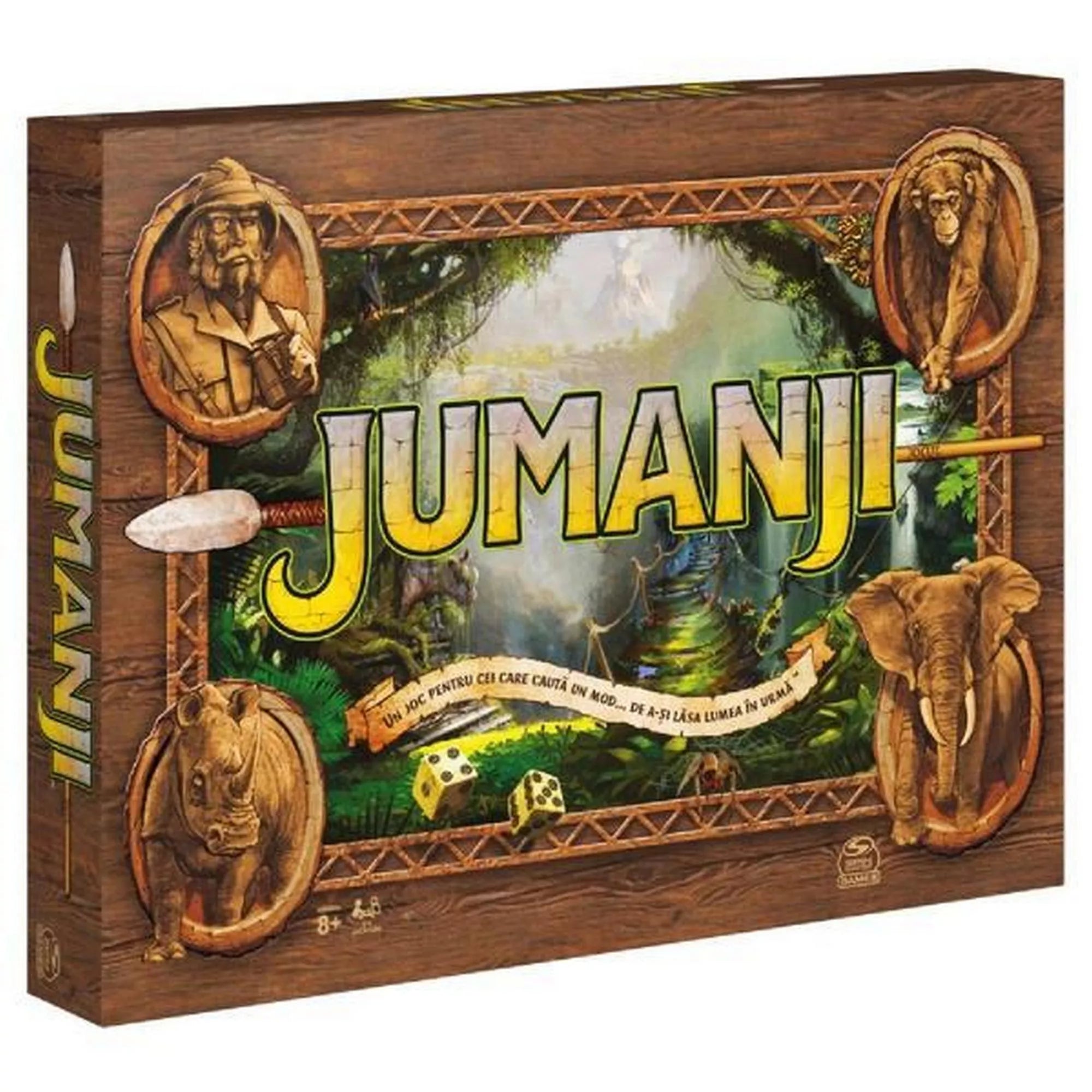 A Jumanji társasjáték ikonikus doboza fa mintázatú kerettel és dzsungeles háttérrel. A borítón a híres sárga JUMANJI felirat látható, körülötte állatfigurákkal: elefánt, orrszarvú, majom és egy kalapos felfedező domborműve díszíti.