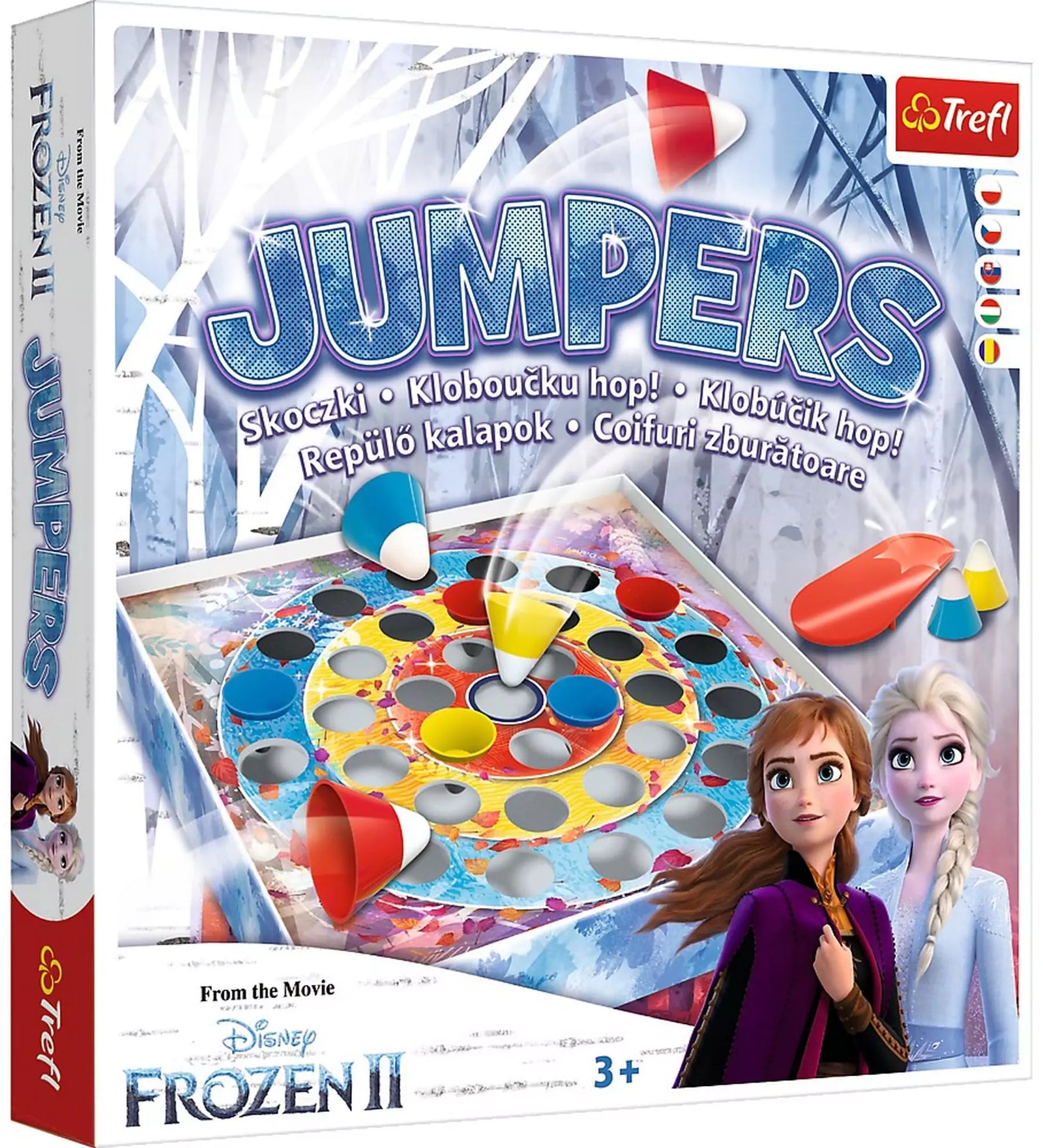 Frozen 2 – Jumpers társasjáték doboza, színes céltáblával és Elsa, valamint Anna karaktereivel a borítón.