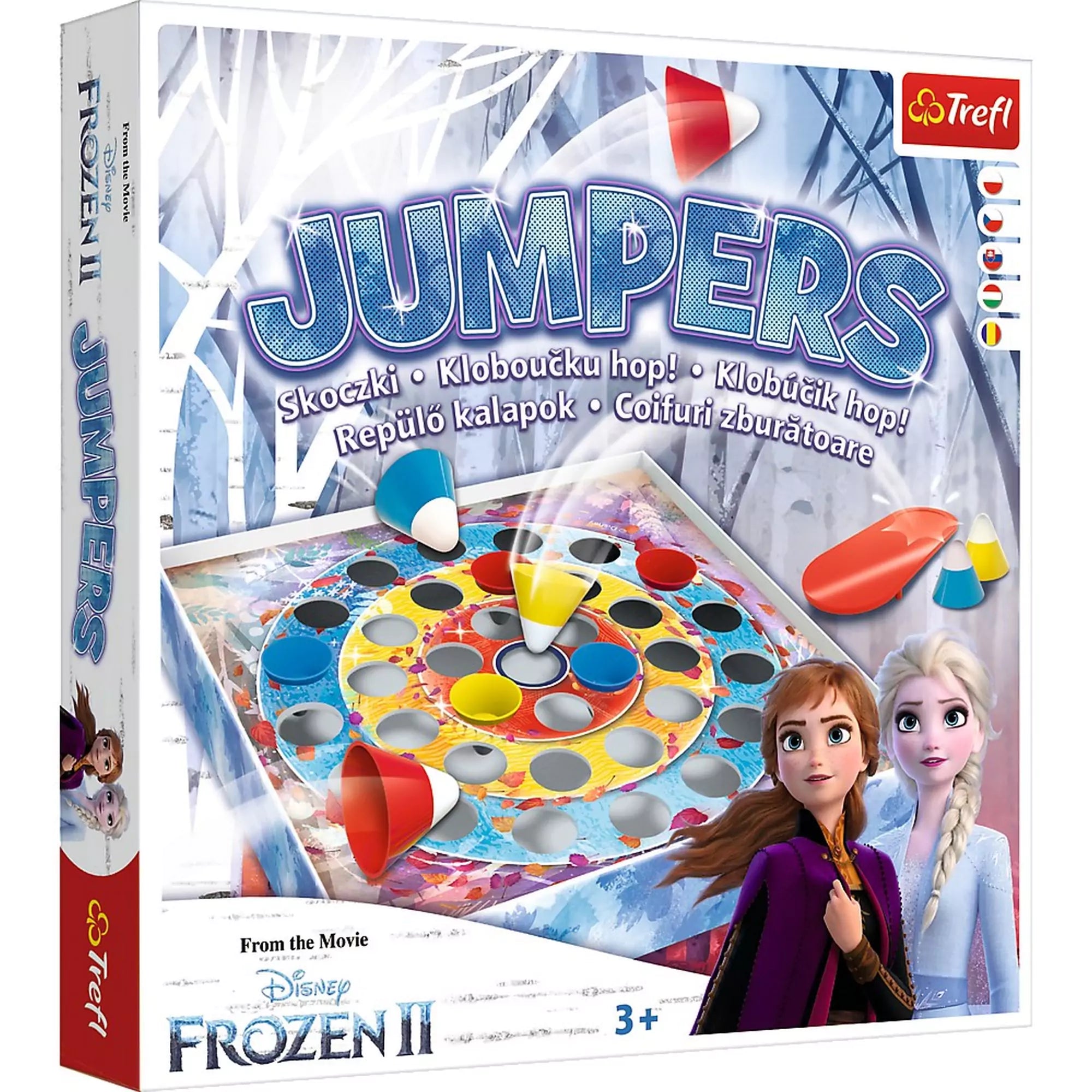 Frozen 2 – Jumpers társasjáték doboza, színes céltáblával és Elsa, valamint Anna karaktereivel a borítón.