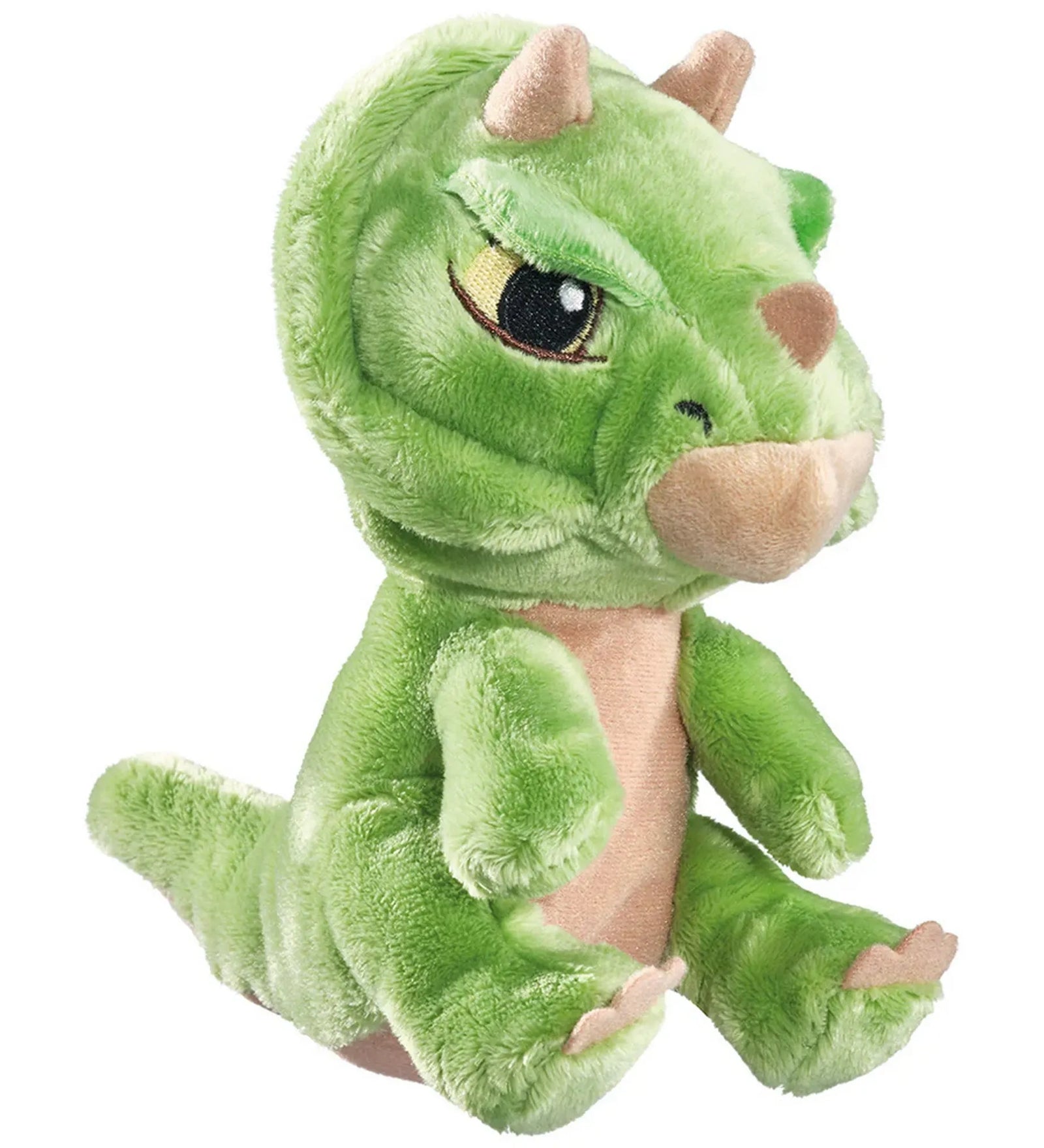 Schmidt Jurassic World Triceratops plüss dinoszaurusz, 17 cm-es zöld figura három szarvval, puha anyagból, ülő pozícióban.