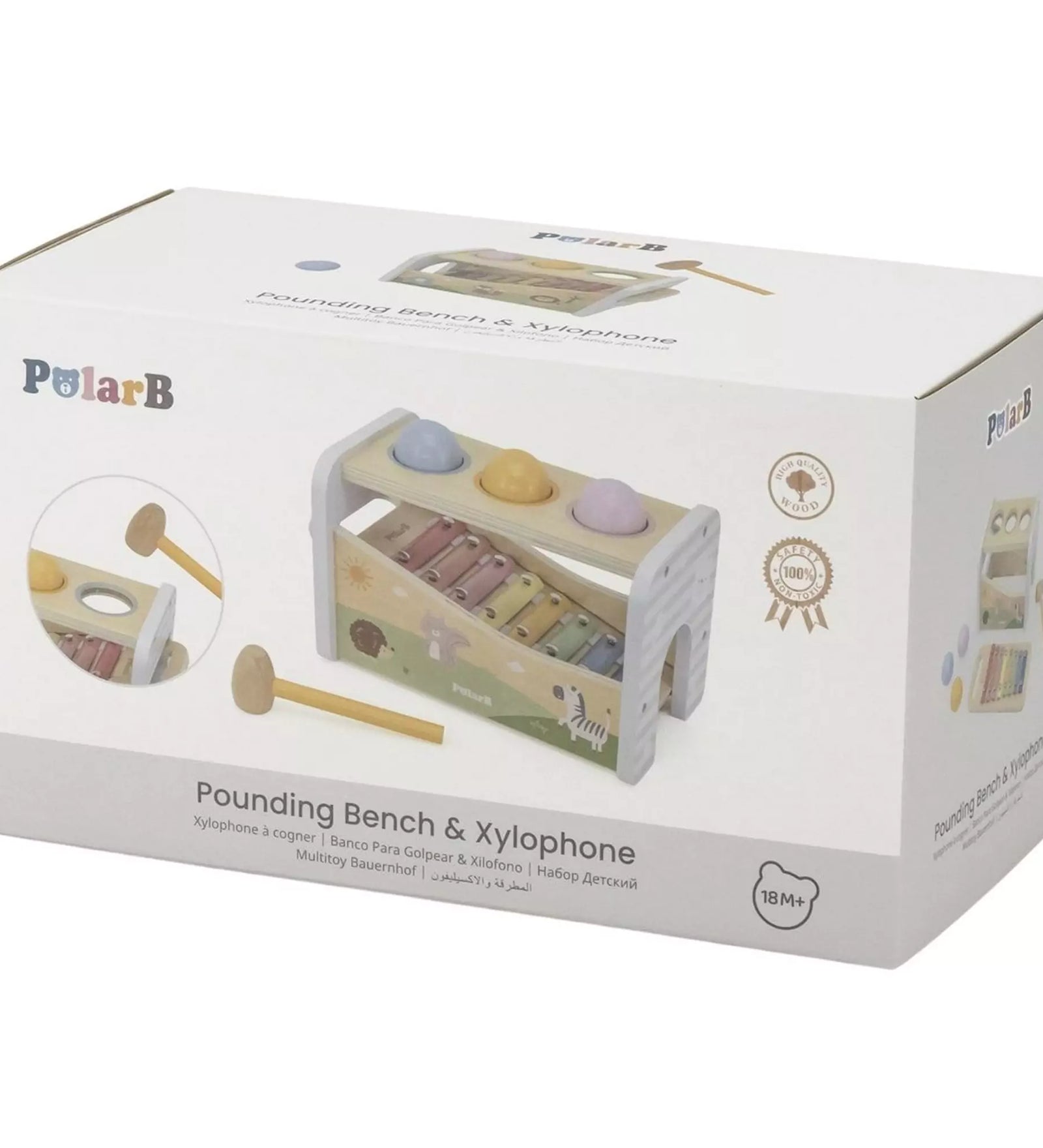 Kalapáló pad és xilofon, PolarB, Viga – a fa játék doboza, amely a termék képét és márkajelzését mutatja.
