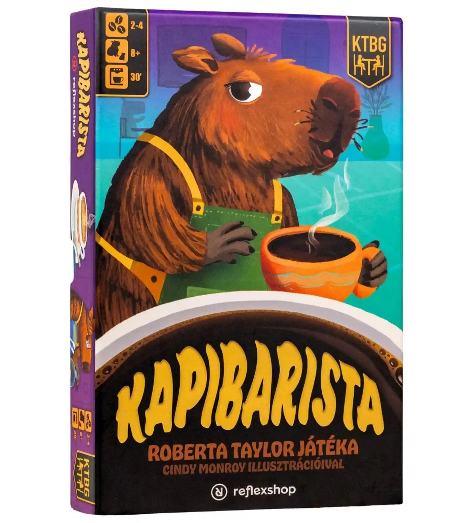 Kapibarista magyar nyelvű társasjáték doboz elölnézet, kapibara barista illusztrációval.