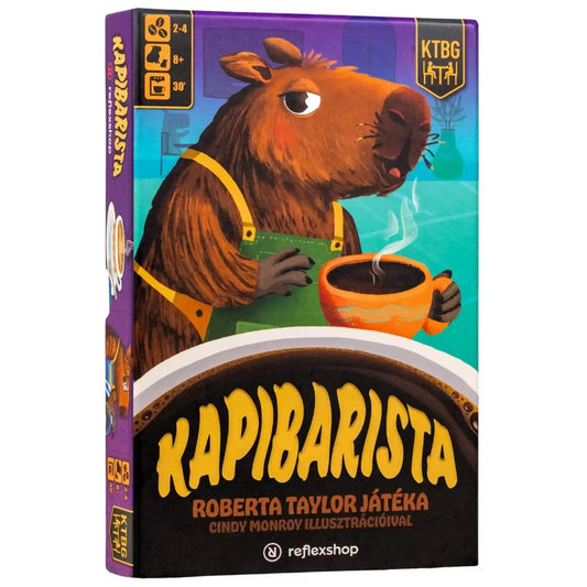 Kapibarista magyar nyelvű társasjáték doboz elölnézet, kapibara barista illusztrációval.