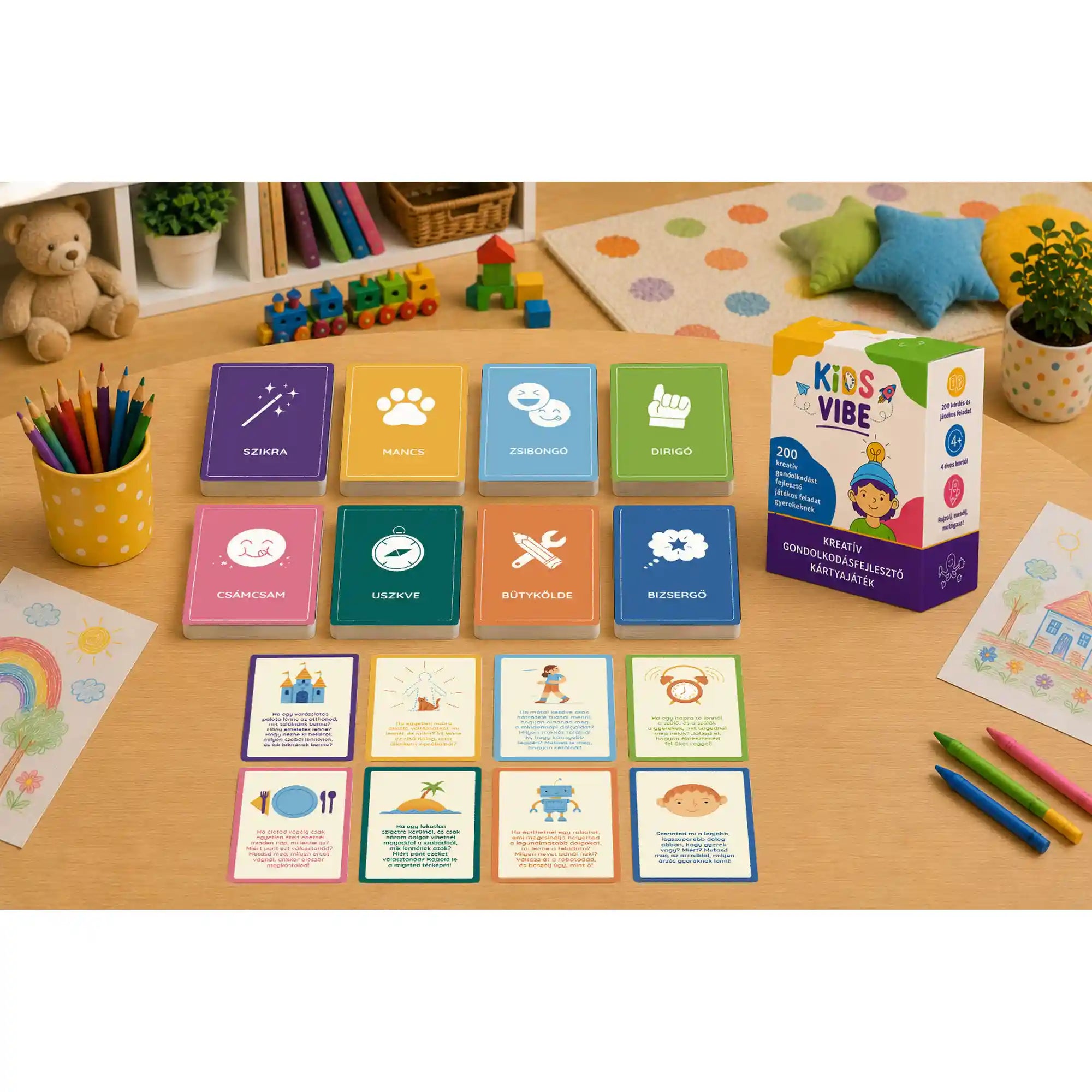 Kids Vibe – kreatív gondolkodásfejlesztő kártyajáték teljes összeállítása gyerekasztalon, nyolc színes kártyapaklival, feladatkártyákkal és a játék dobozával.