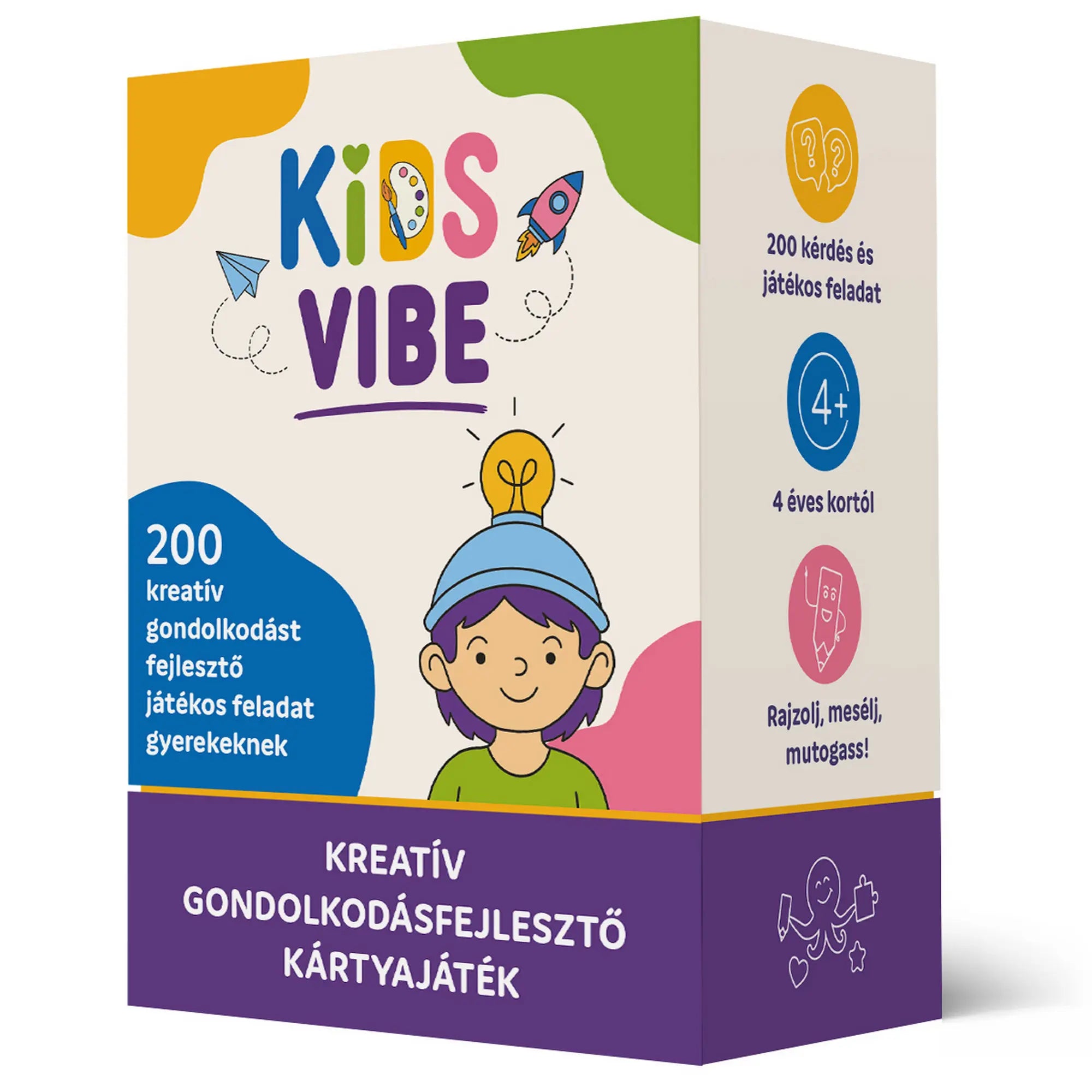 Kids Vibe – kreatív gondolkodásfejlesztő kártyajáték színes doboza fehér háttéren, rajzolt gyerekfigurával és a 200 játékos feladatra utaló grafikával.