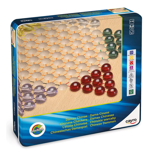  A Cayro márkájú Chinese Checkers (kínai dáma) társasjáték doboza, amely fából készült játéktáblát és színes üveggolyókat tartalmaz; a doboz előlapján részben látható a játék tábla és a szabályok ikonjai is.