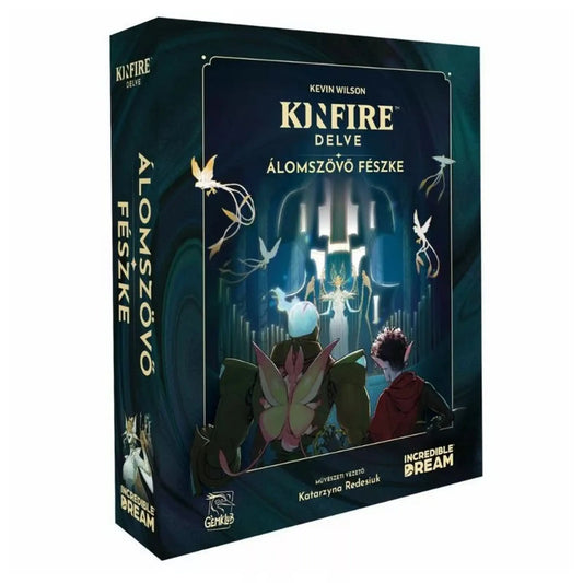 Kinfire Delve Álomszövő fészke társasjáték dobozkép, fantasy jelenettel és hősökkel a Kút mélyén Álomszövő ellen
