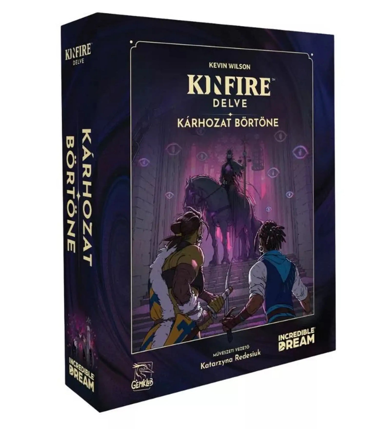 Kinfire Delve – Kárhozat börtöne társasjáték doboza, sötét fantasy borítóval, ahol két hős egy lovon ülő árnyalak felé közelít egy misztikus börtönben