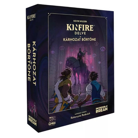 Kinfire Delve – Kárhozat börtöne társasjáték doboza, sötét fantasy borítóval, ahol két hős egy lovon ülő árnyalak felé közelít egy misztikus börtönben