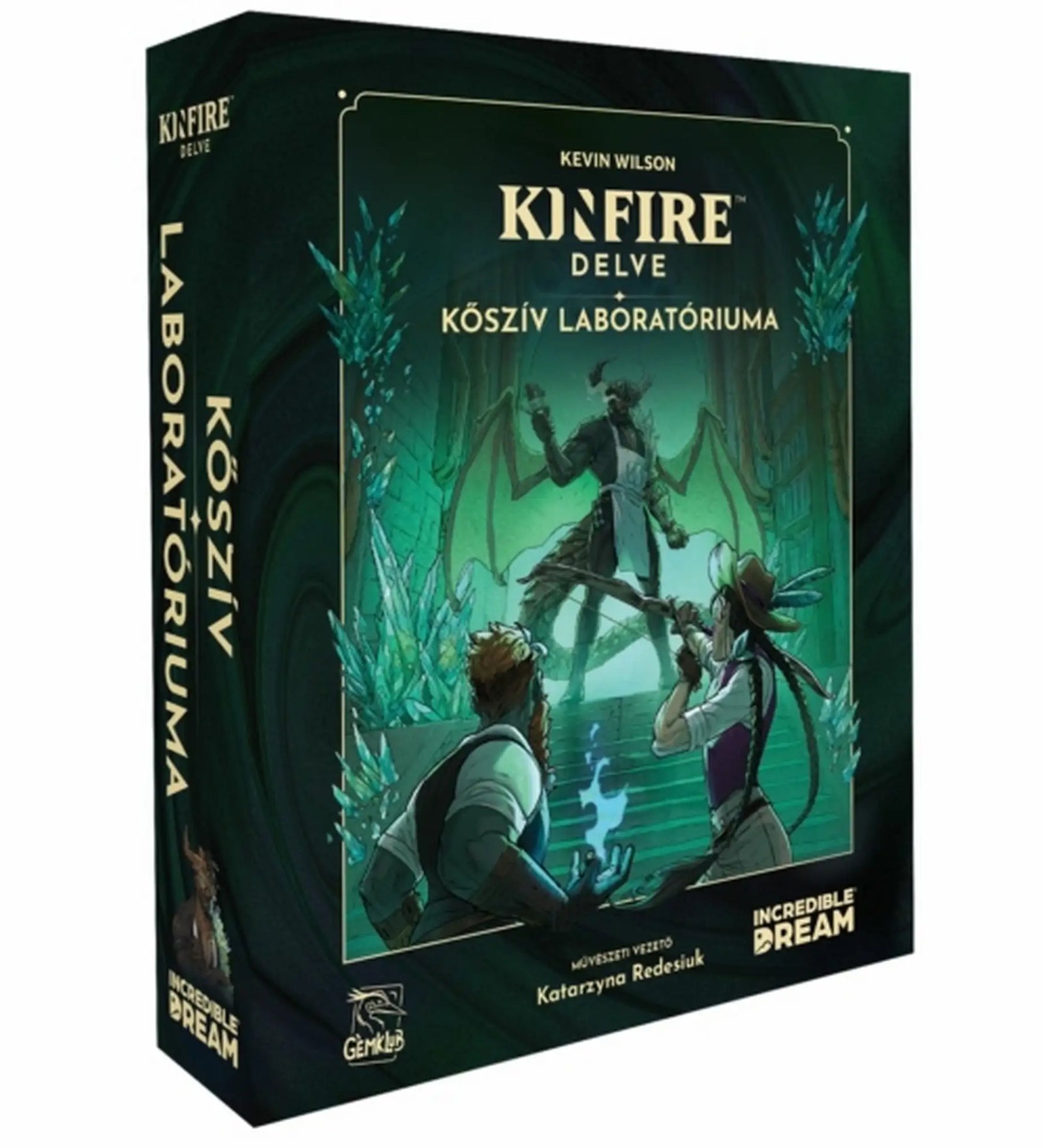 Kinfire Delve – Kőszív laboratóriuma társasjáték doboza, zöld tónusú fantasy borítóval és szárnyas főellenséggel