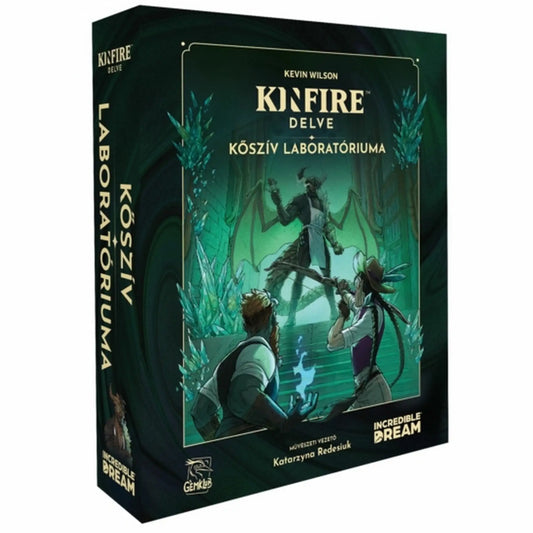 Kinfire Delve – Kőszív laboratóriuma társasjáték doboza, zöld tónusú fantasy borítóval és szárnyas főellenséggel