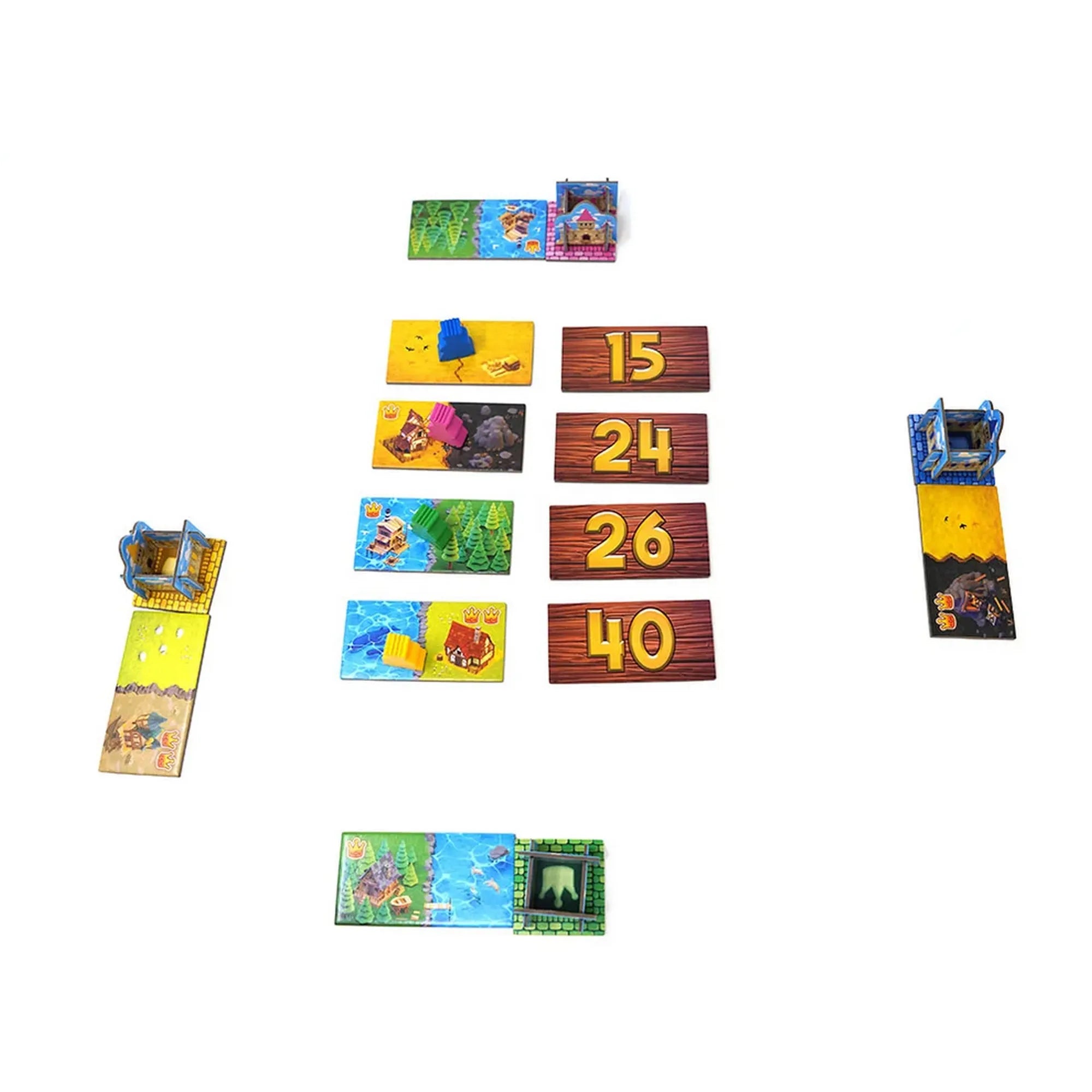 Kingdomino jubileumi kiadás, román nyelvű társasjáték dominólapjai, színes királyfigurái, kastélyai és 15, 24, 26, 40 pontos értékelőlapjai.