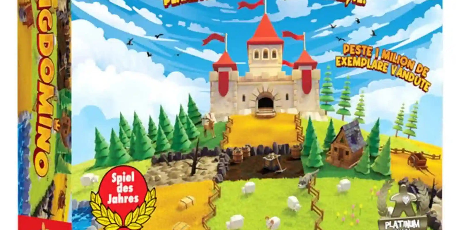 Kingdomino jubileumi kiadás, román nyelvű társasjáték doboza, színes kastéllyal, erdőkkel, mezőkkel és folyókkal.