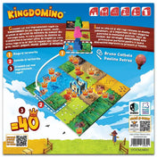 Kingdomino jubileumi kiadás, román nyelvű társasjáték dobozának hátoldala, román játékleírással és illusztrált királyságépítési példával.