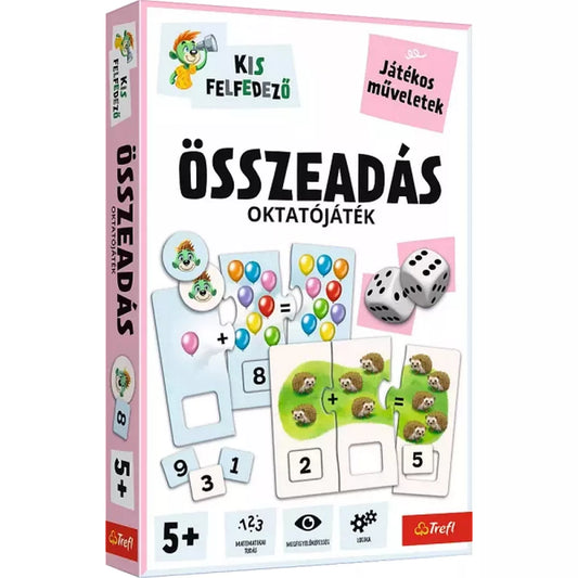 Kis felfedező: Összeadás oktatójáték doboza, színes kirakós elemekkel, dobókockákkal és összeadást bemutató illusztrációkkal, 5 éves kortól.