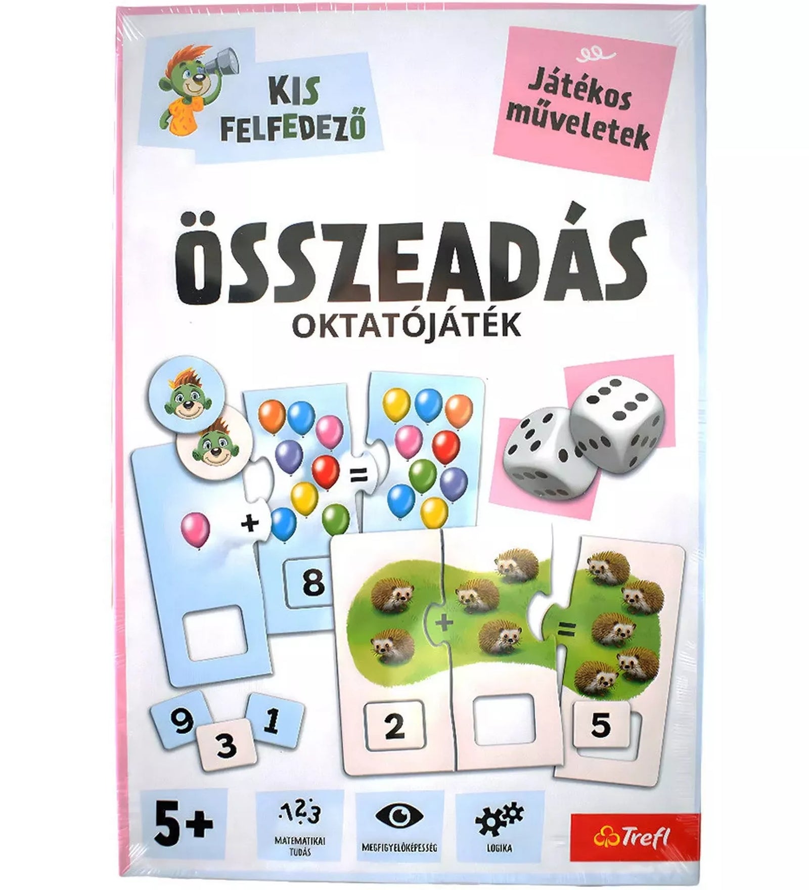Kis felfedező: Összeadás oktatójáték előlapja, lufis és állatkás összeadási feladatokkal, számkártyákkal és dobókockákkal.
