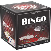 A Klasszikus Bingo, többnyelvű társasjáték doboza oldalnézetből, piros-fekete dizájnnal és fémből készült golyósorsolóval.