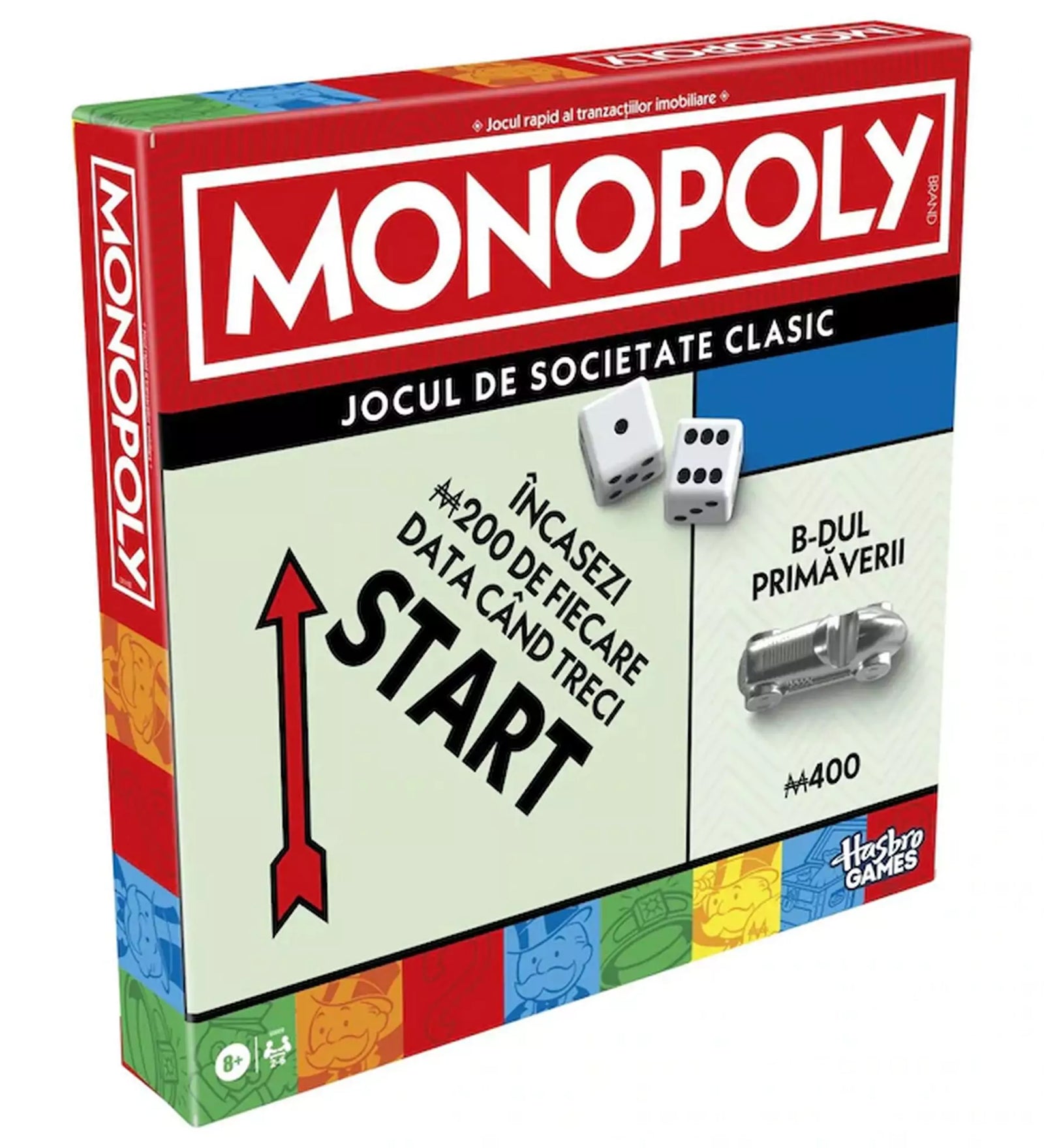 Monopoly Classic dobozkép román nyelven, START mezővel, dobókockákkal és a Hasbro Games logójával.