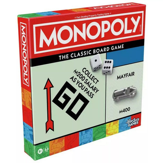 A Klasszikus Monopoly (Refresh) angol nyelvű társasjáték doboza látható piros-fehér dizájnnal, a híres “GO” mezővel, dobókockákkal és autó bábúval. A Hasbro Games logó a sarokban található.