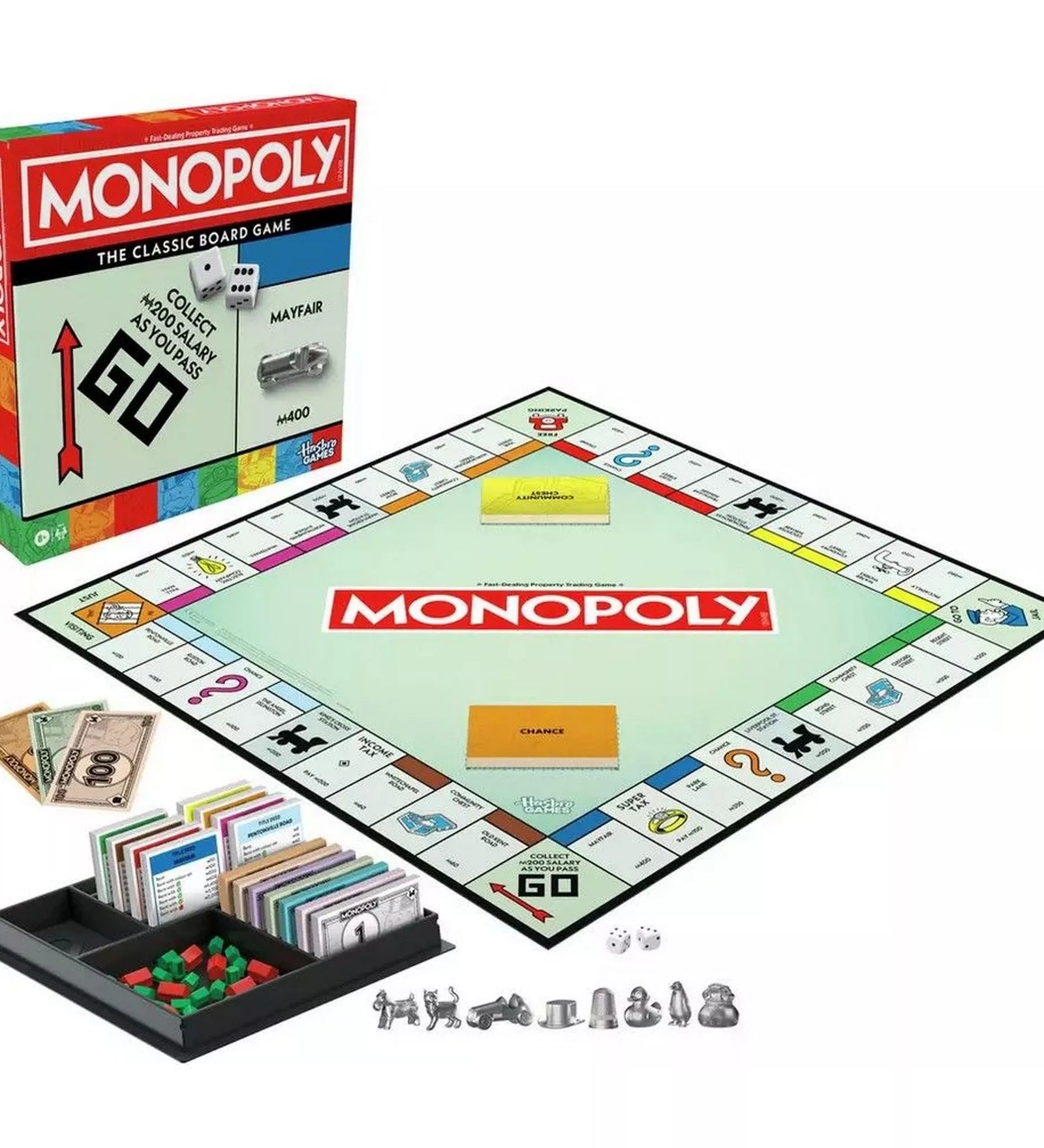 A Klasszikus Monopoly (Refresh) társasjáték teljes tartalma: a játéktábla, pénzek, ingatlankártyák, házak, hotelek és fém bábuk rendezett tálcában. A doboz és a Monopoly logó is jól látható.
