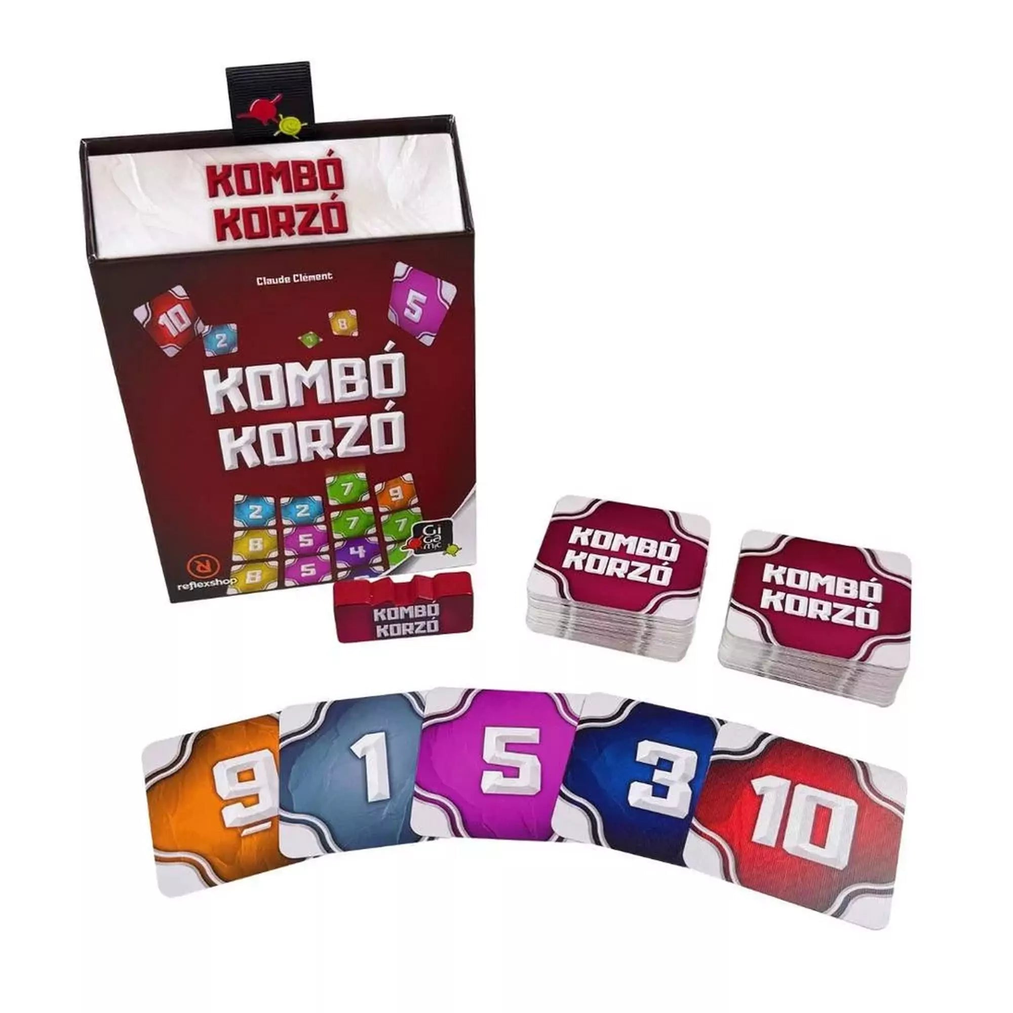A Kombó Korzó társasjáték tartalma: kártyapaklik és számos, színes játékkártyák kiterítve a doboz mellett.