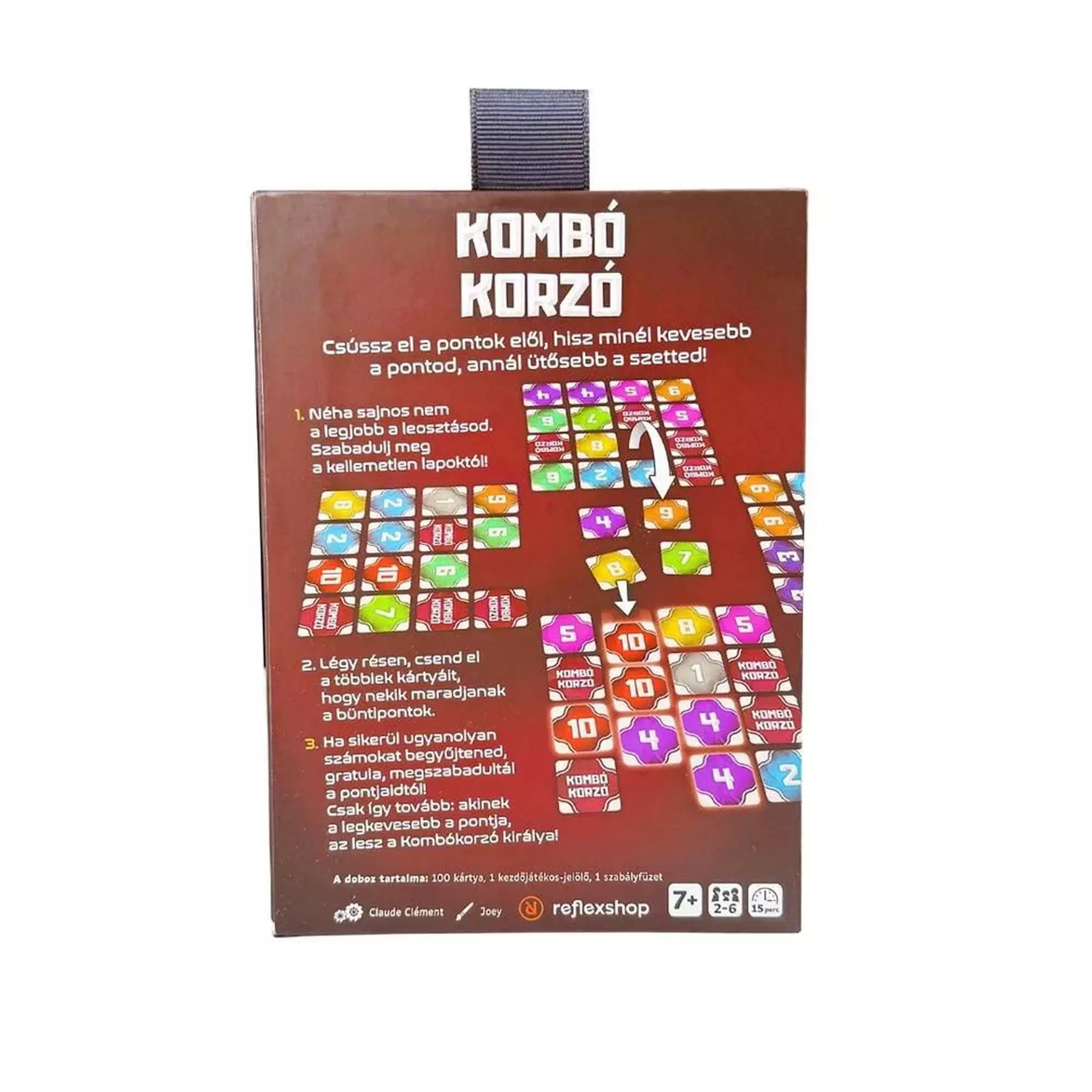 A Kombó Korzó társasjáték hátoldala, játékszabály rövid leírással és színes, számozott kártyák illusztrációival.