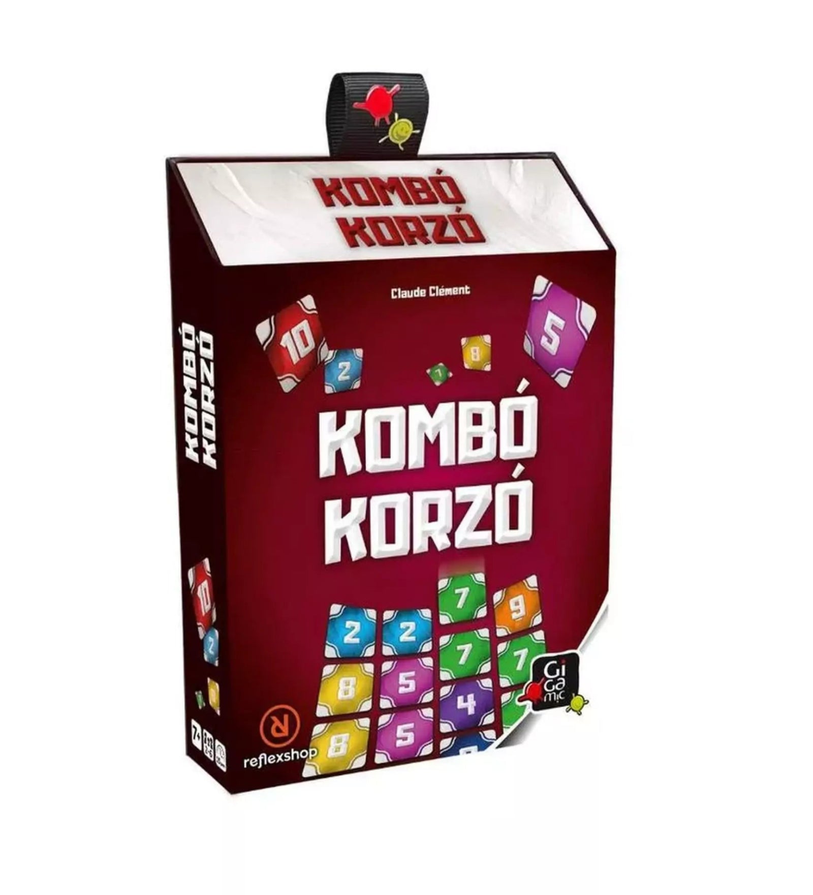 A Kombó Korzó társasjáték doboza piros háttérrel és színes, számos kártyákkal díszítve, 7+ korosztály jelzéssel.
