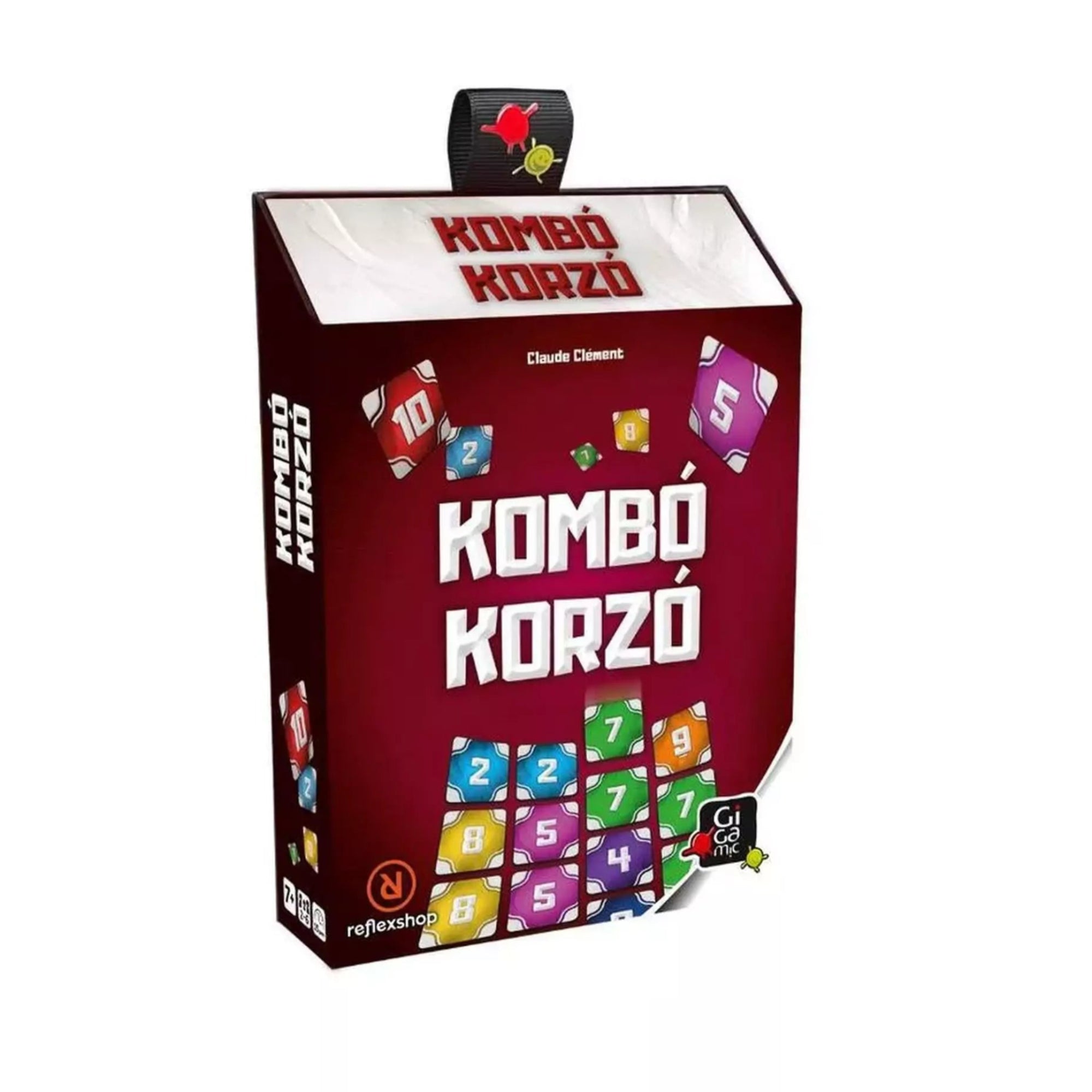 A Kombó Korzó társasjáték doboza piros háttérrel és színes, számos kártyákkal díszítve, 7+ korosztály jelzéssel.