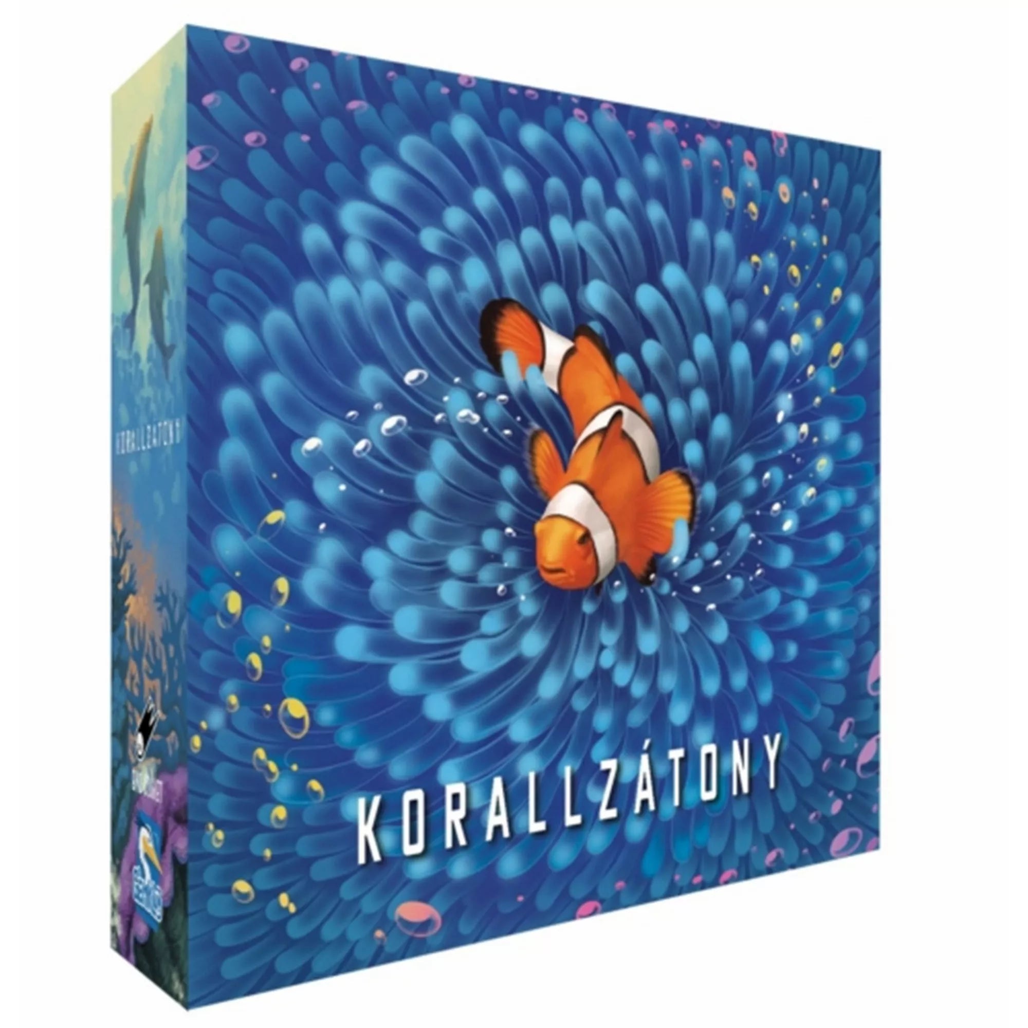 Korallzátony társasjáték doboza bohóchal illusztrációval, kék tengeri háttérrel
