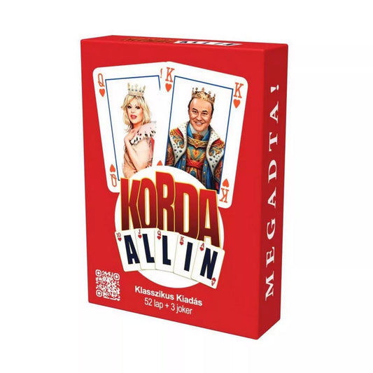 Korda All In póker kártya elölnézet, Korda György és Balázs Klári figuráival a dobozon
