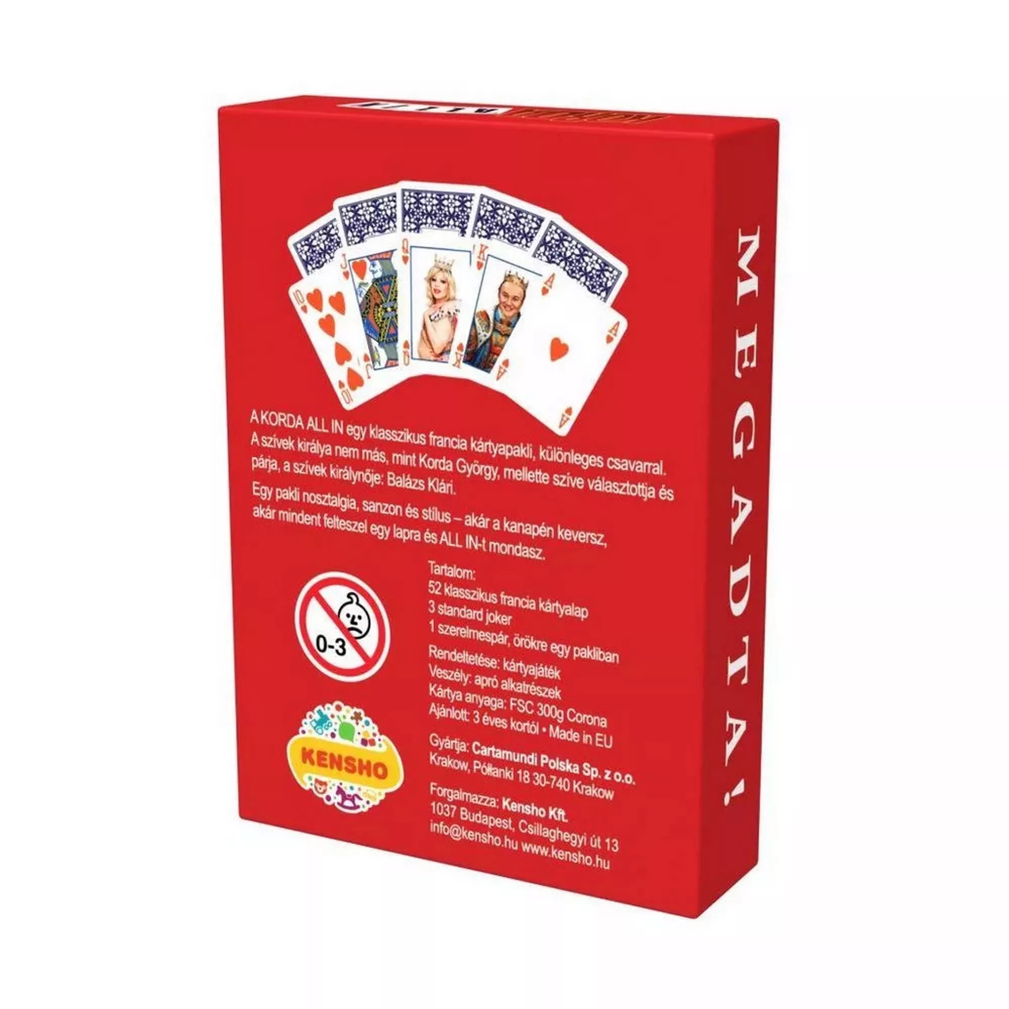 Korda All In póker kártya doboz hátoldala, információkkal és klasszikus francia kártyalapokkal