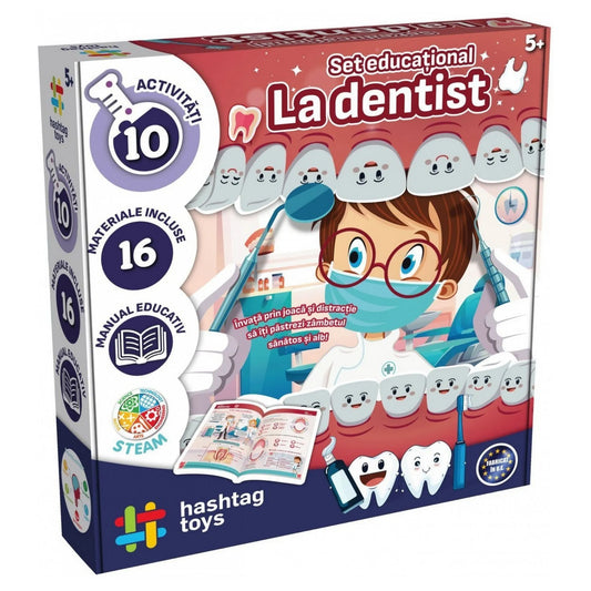 A Prima Mea Trusă de Dentist oktatókészlet doboza gyerekbarát illusztrációkkal, fogacskákkal és fogorvosi eszközökkel, 5+ korosztálynak.