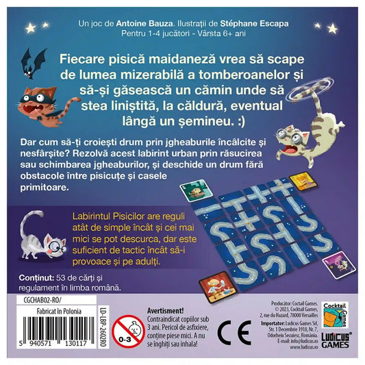 A Labirintul Pisicilor társasjáték dobozának hátoldala román leírással, rajzolt cicákkal és az ereszcsatorna-kártyákból kialakított városi labirintussal