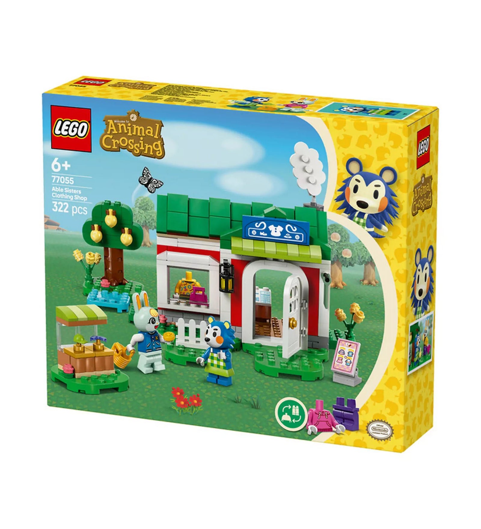  LEGO Animal Crossing Able Sisters Ruhabolt 77055 dobozkép, amely bemutatja a ruhabolt és a kiegészítők részleteit egy gyönyörű zöld környezetben.