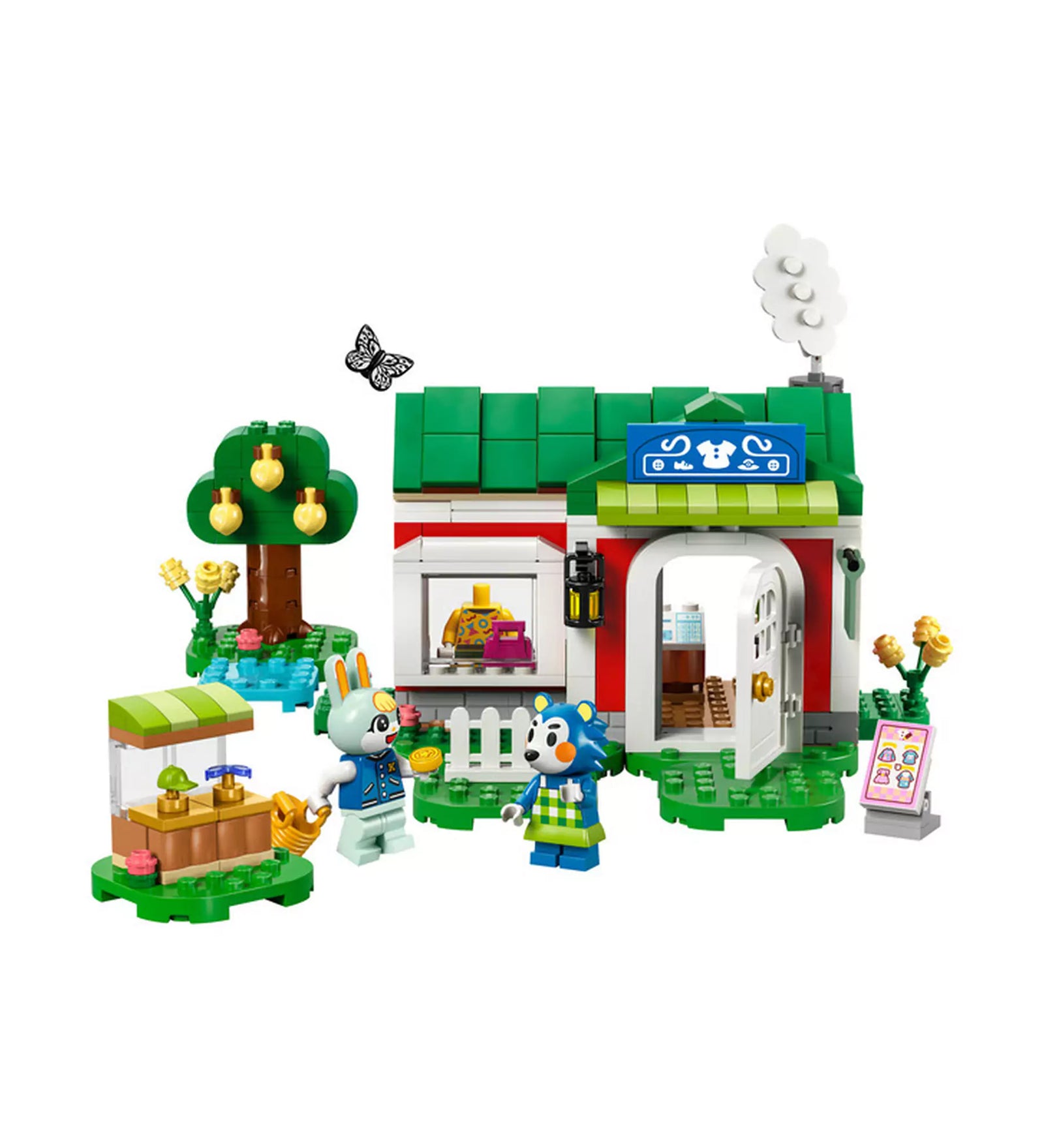  LEGO Animal Crossing Able Sisters Ruhabolt 77055, az összerakott szett részletei: ruhabolt, barackfa, szökőkút, és a minifigurák akcióban.