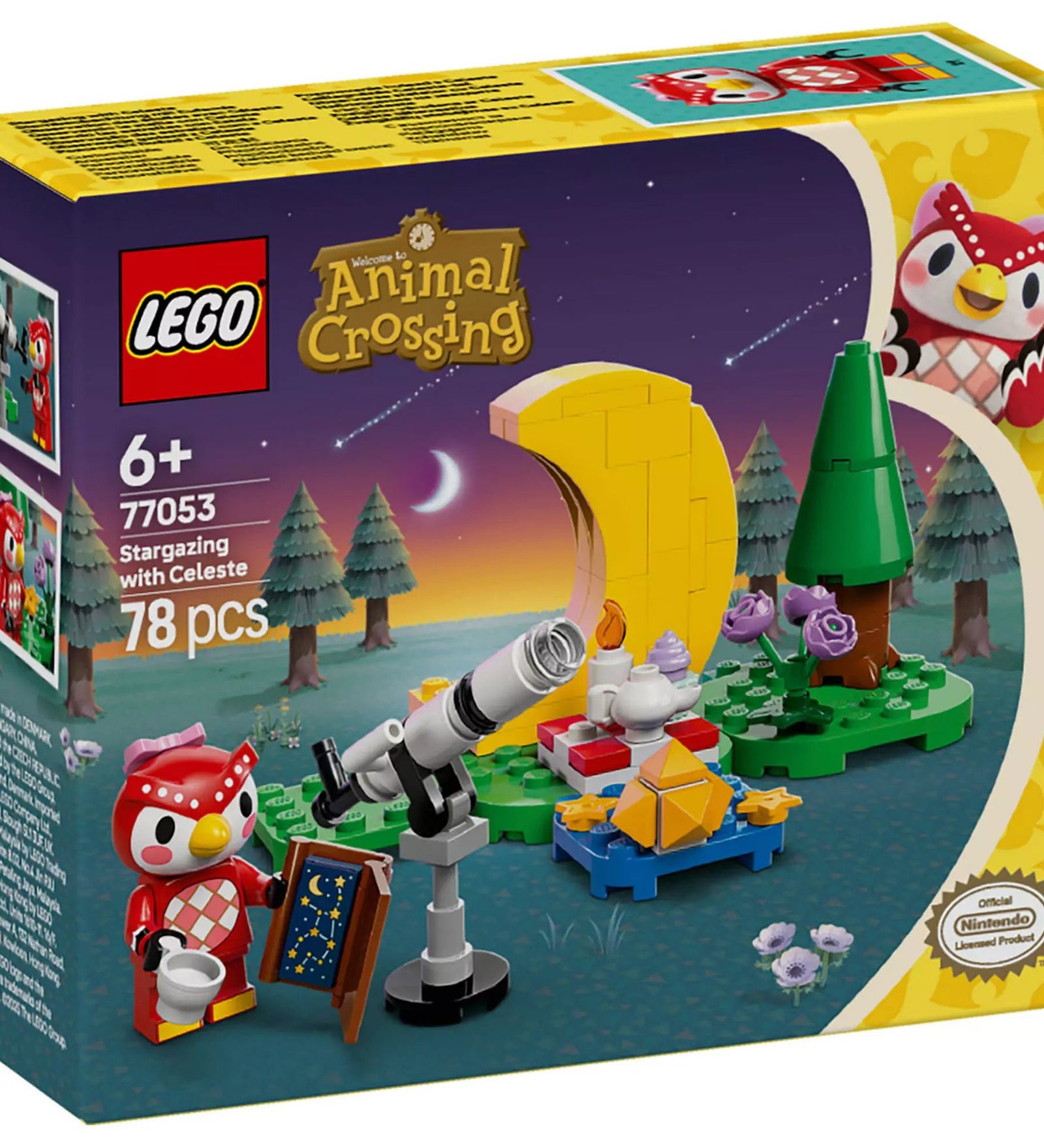 LEGO Animal Crossing-Csillagnézés Celeste-tel (77053) doboza, amely a teleszkópos csillagászati szettet és a bagoly minifigurát ábrázolja.
