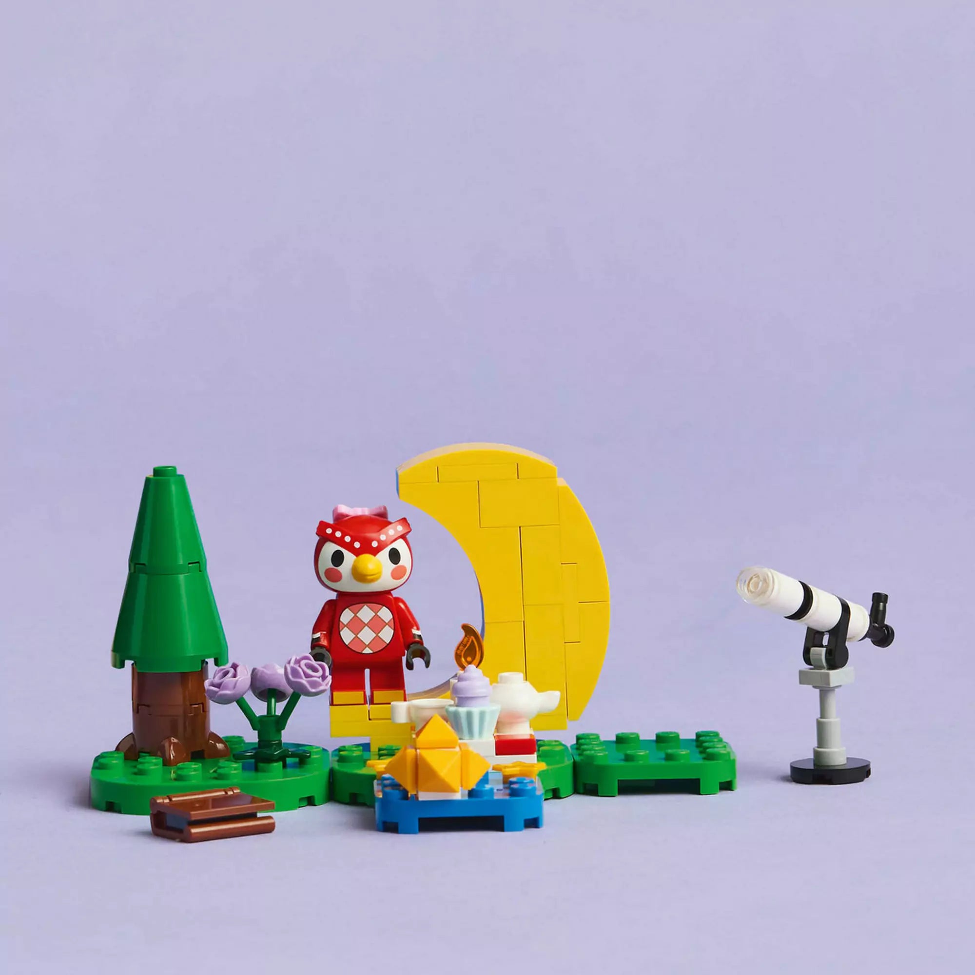 LEGO Animal Crossing-Csillagnézés Celeste-tel (77053) szett tartalma, beleértve a teleszkópot, a félhold alakú széket és Celeste figuráját.