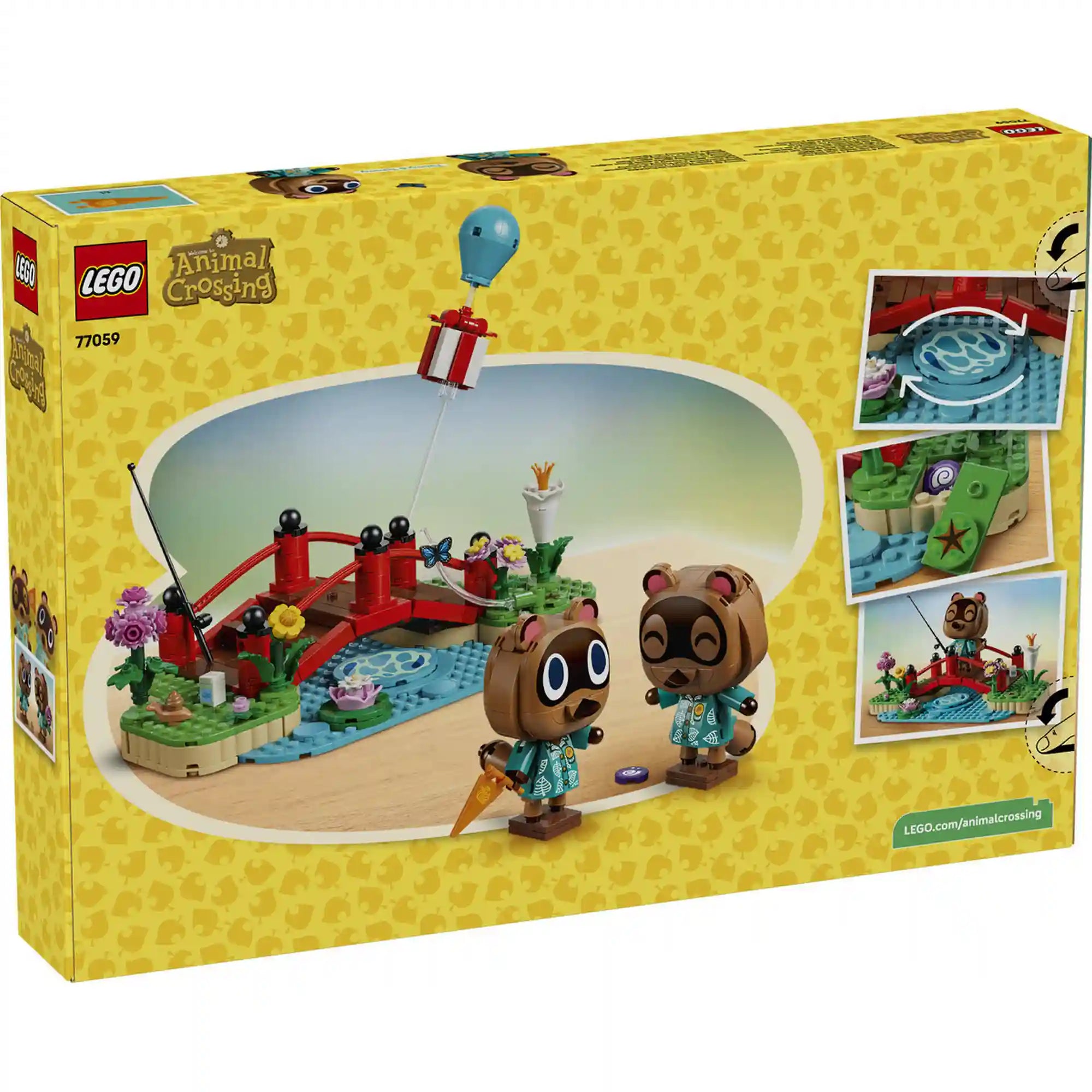 A LEGO Animal Crossing: Timmy és Tommy vidám kirándulása 77059 készlet hátoldala, amely bemutatja a forgatható tó funkcióját, a rejtett kövületet és a különböző játéklehetőségeket Timmy és Tommy figuráival.