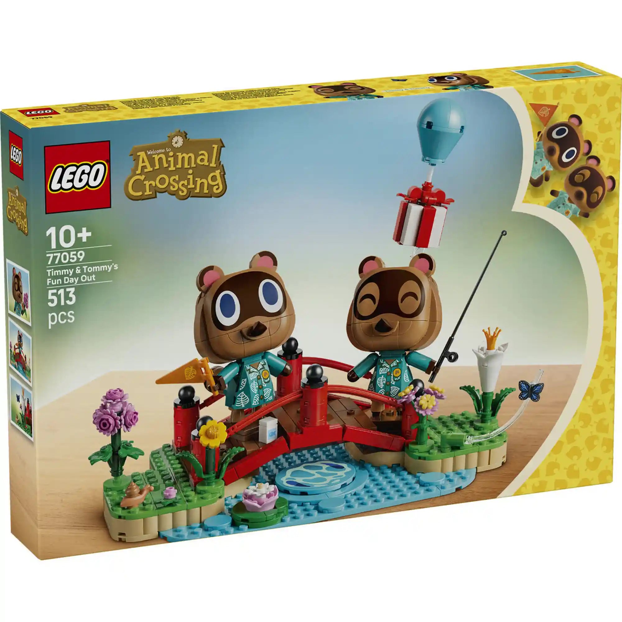 A LEGO Animal Crossing: Timmy és Tommy vidám kirándulása 77059 készlet doboza, amely a 513 darabos építőkészletet, Timmy és Tommy figuráit, valamint a piros hidas, tóparti Animal Crossing jelenetet ábrázolja.