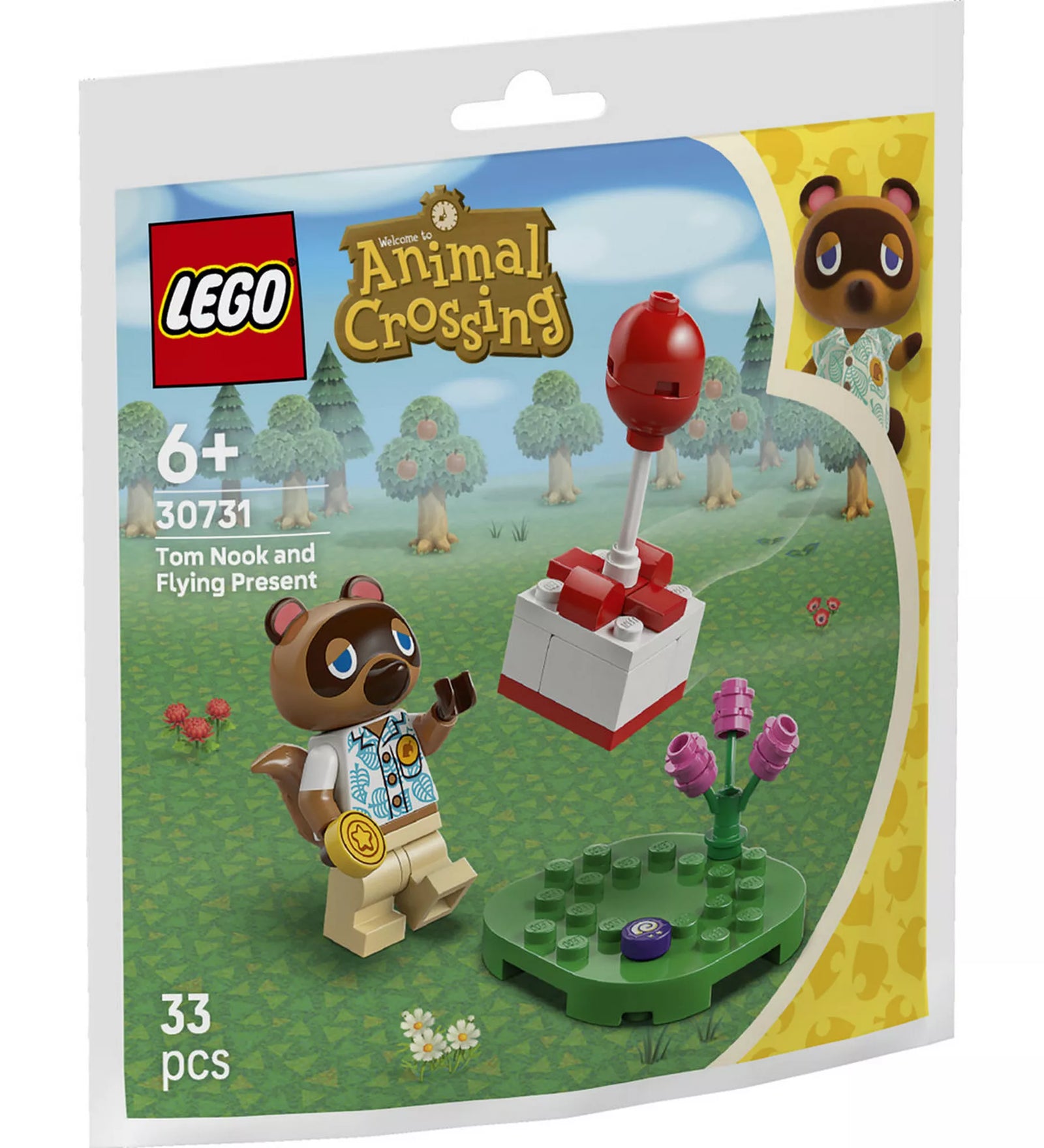 LEGO Animal Crossing Tom Nook és repülő ajándék 30731 dobozkép, Tom Nook minifigurával és piros lufis ajándékkal.
